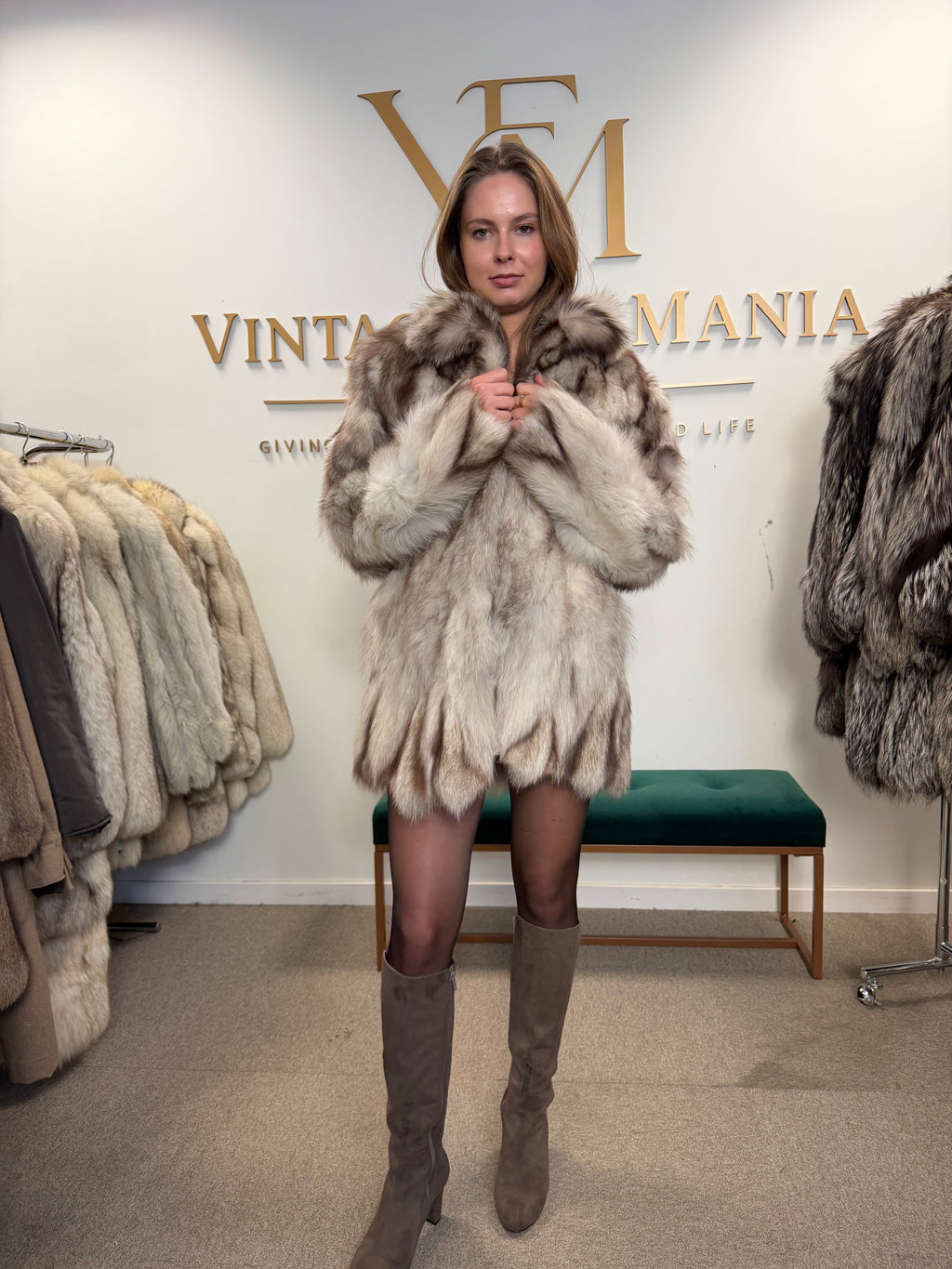 White Fox Fur Coat, Medium, Pieced, Light Weight