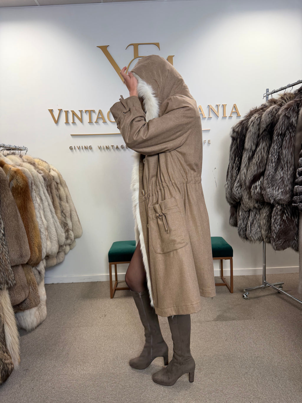 Light Beige Finn Raccoon Fur-Lined Overcoat, Medium