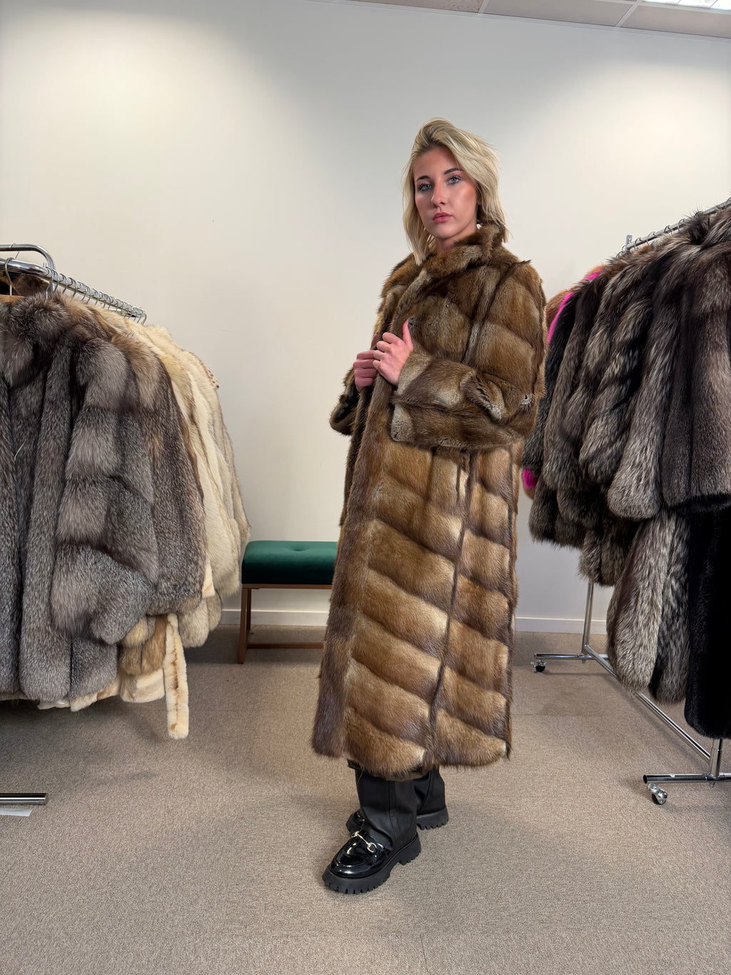 Muskrat Fur Coat, Brown, Full Length, Size S