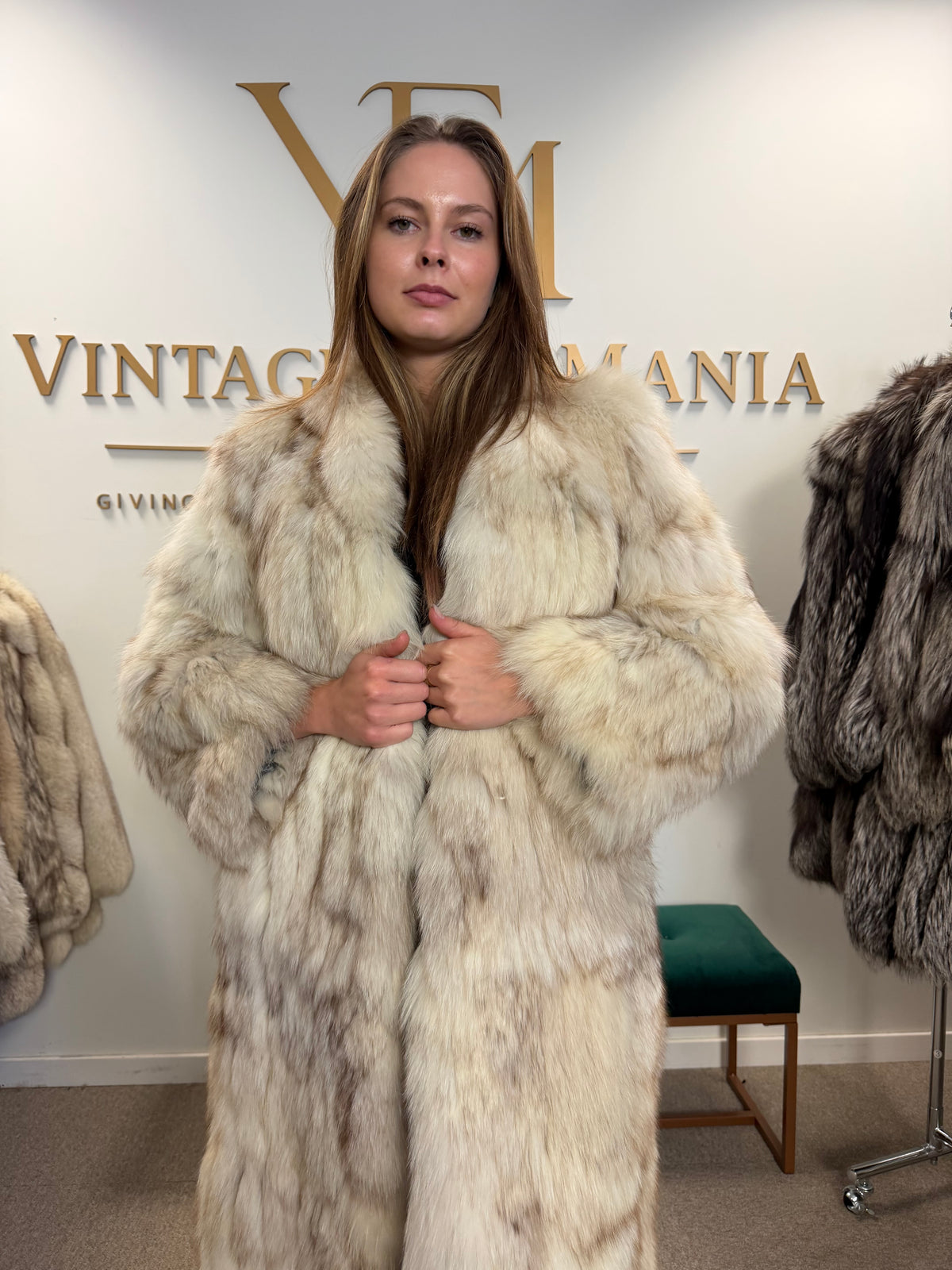 White Fox Fur Coat, Full Length, Pieced, Slim Medium
