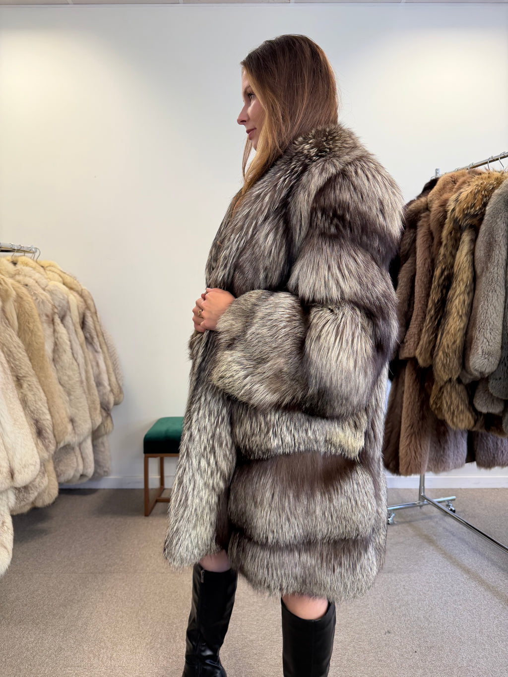 Real Silver Fox Fur Coat, Long Oversized, Size XL