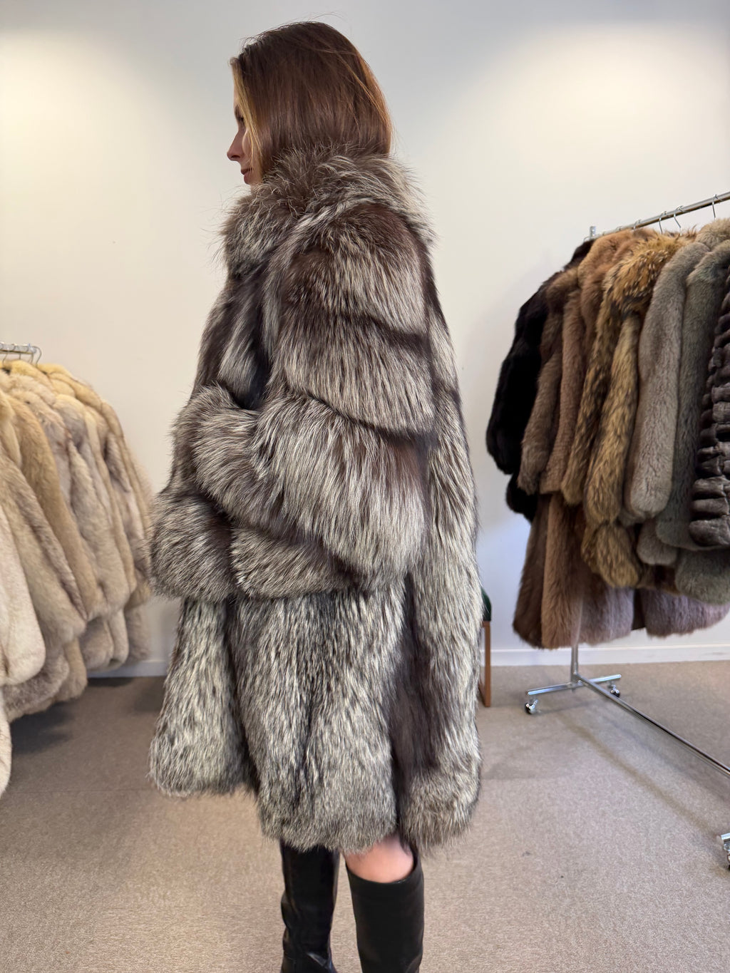Real Silver Fox Fur Coat, Oversized, Size XL