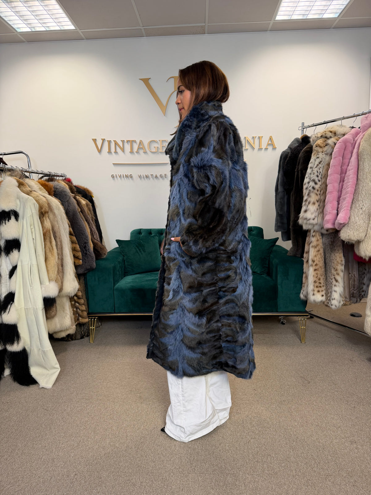 Blue & Black Dyed Fox Fur Coat, Large, Pieced