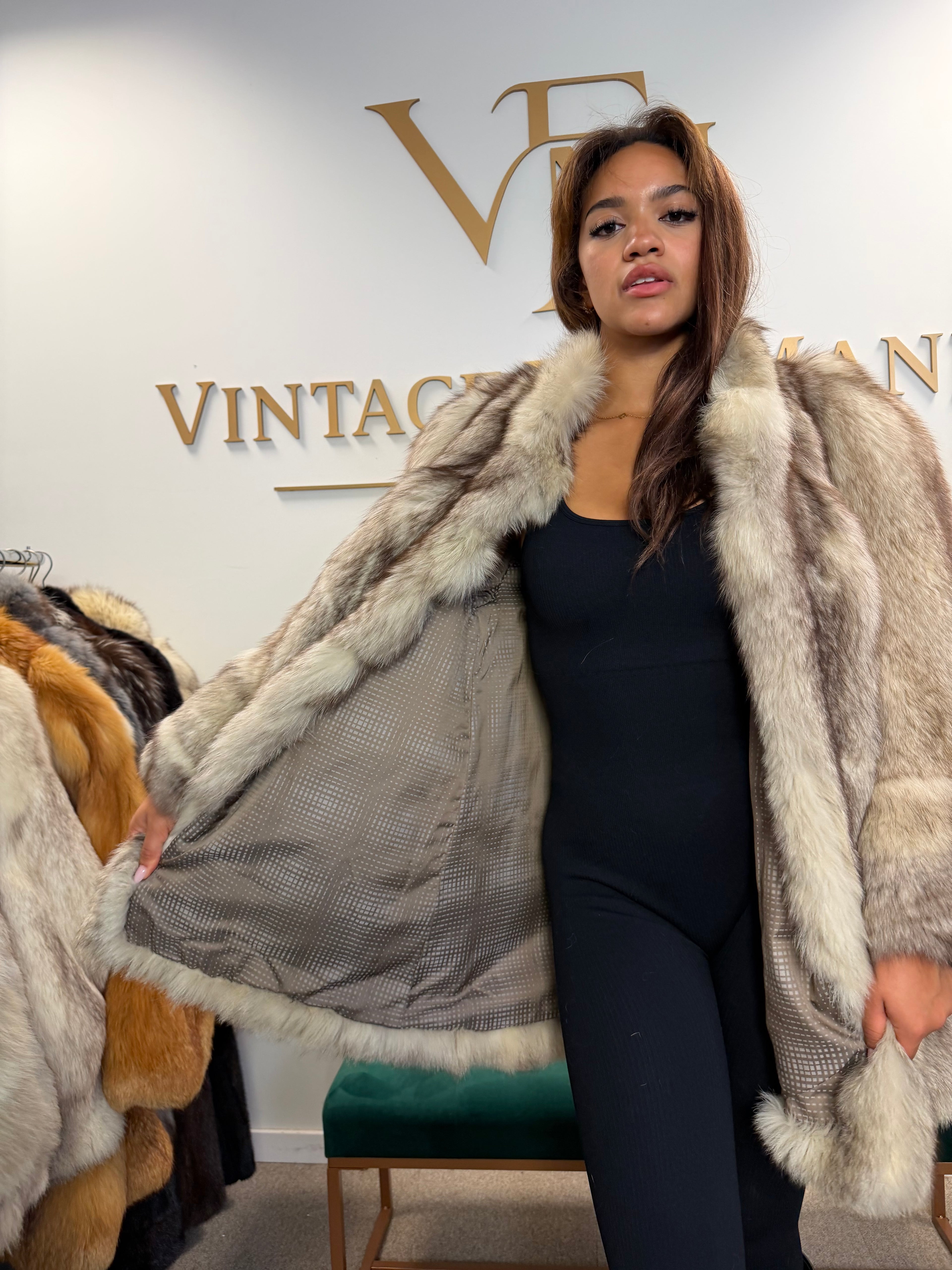 White Blue Fox Fur Coat, Dark Reflection, Medium
