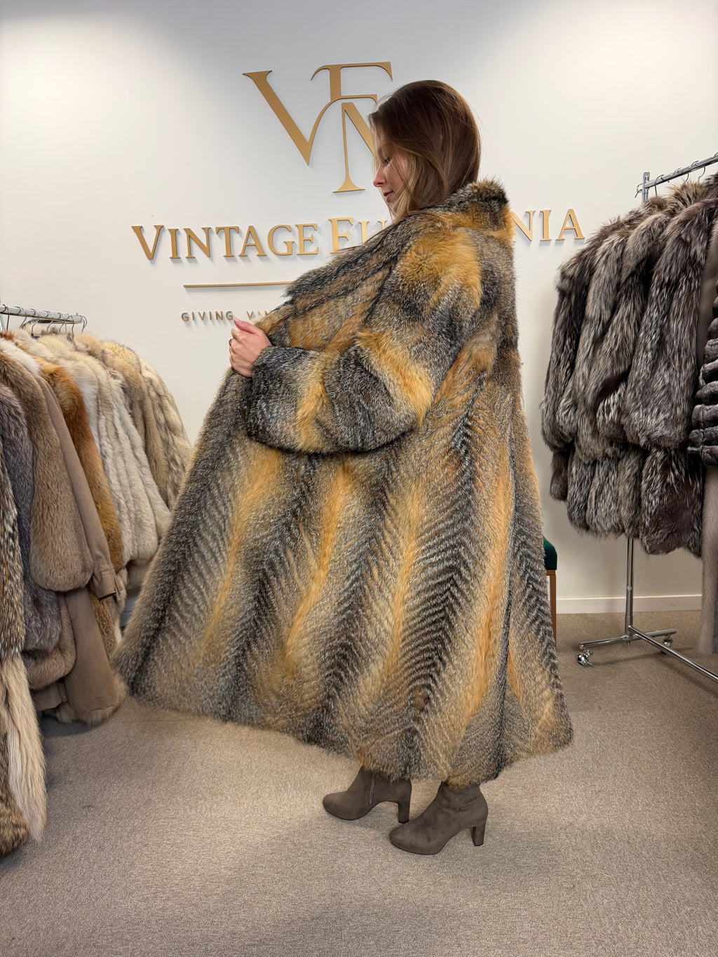 Grey Cross Fox Fur Coat, Large, Full Length