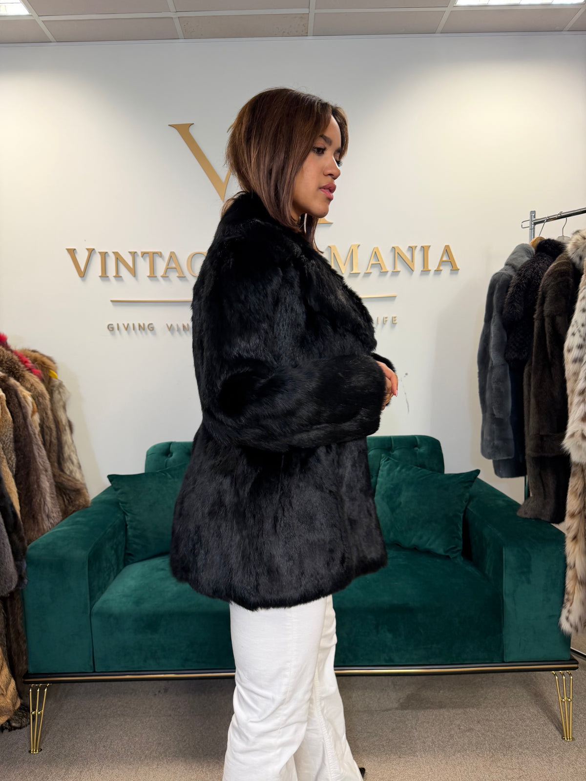 Black Rabbit Fur Coat, Medium