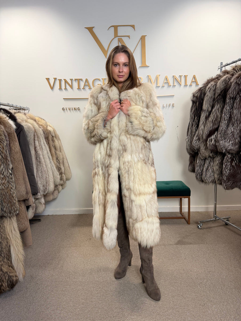 White Fox Fur Coat, Full Length, Pieced, Slim Medium