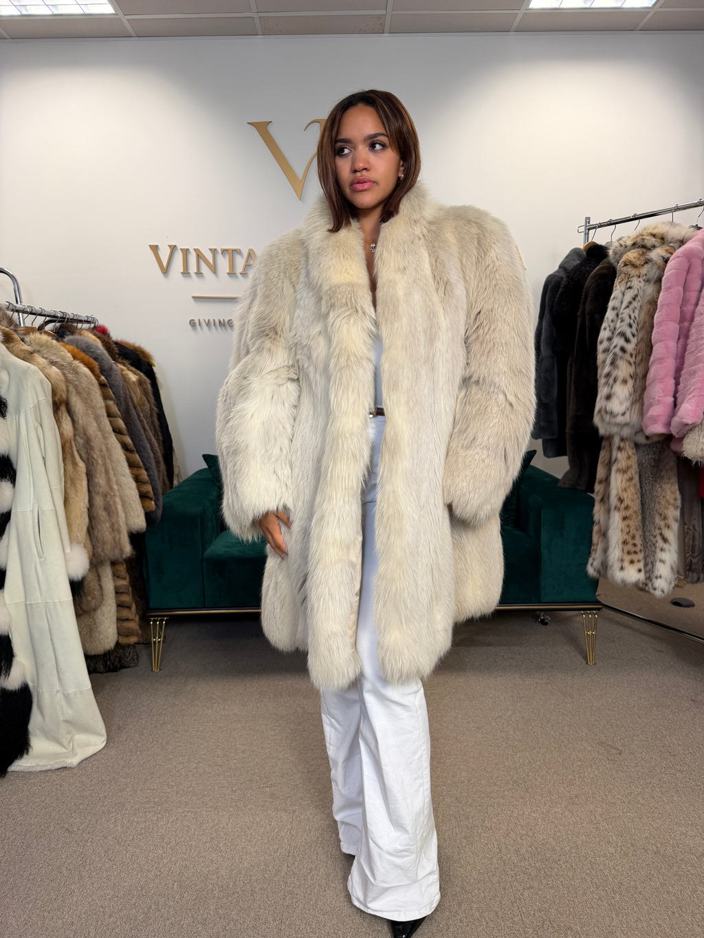 White Nordic Fox Fur Coat, One Size up to 4XL, Open Front