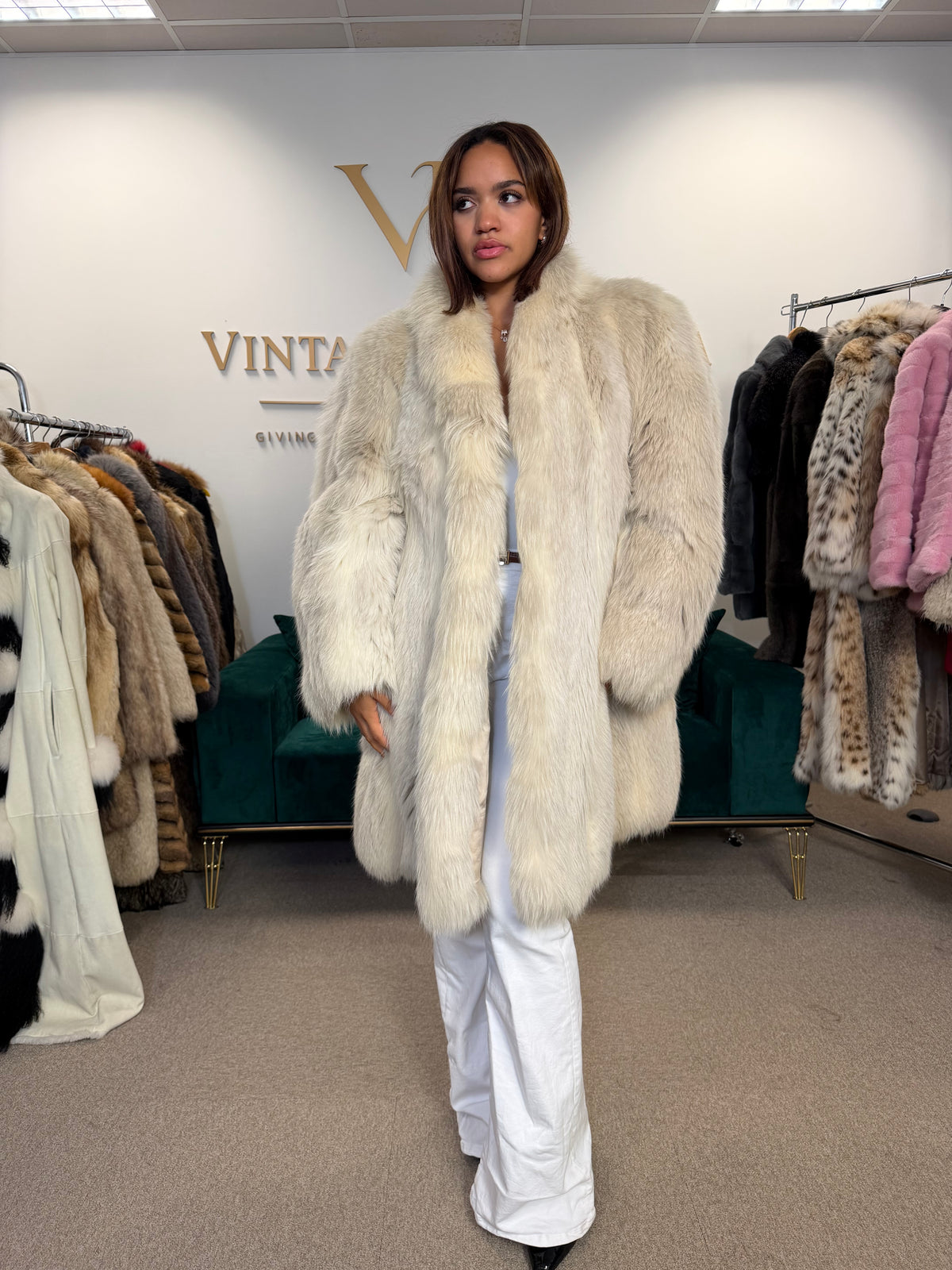 White Nordic Fox Fur Coat, One Size up to 4XL, Open Front