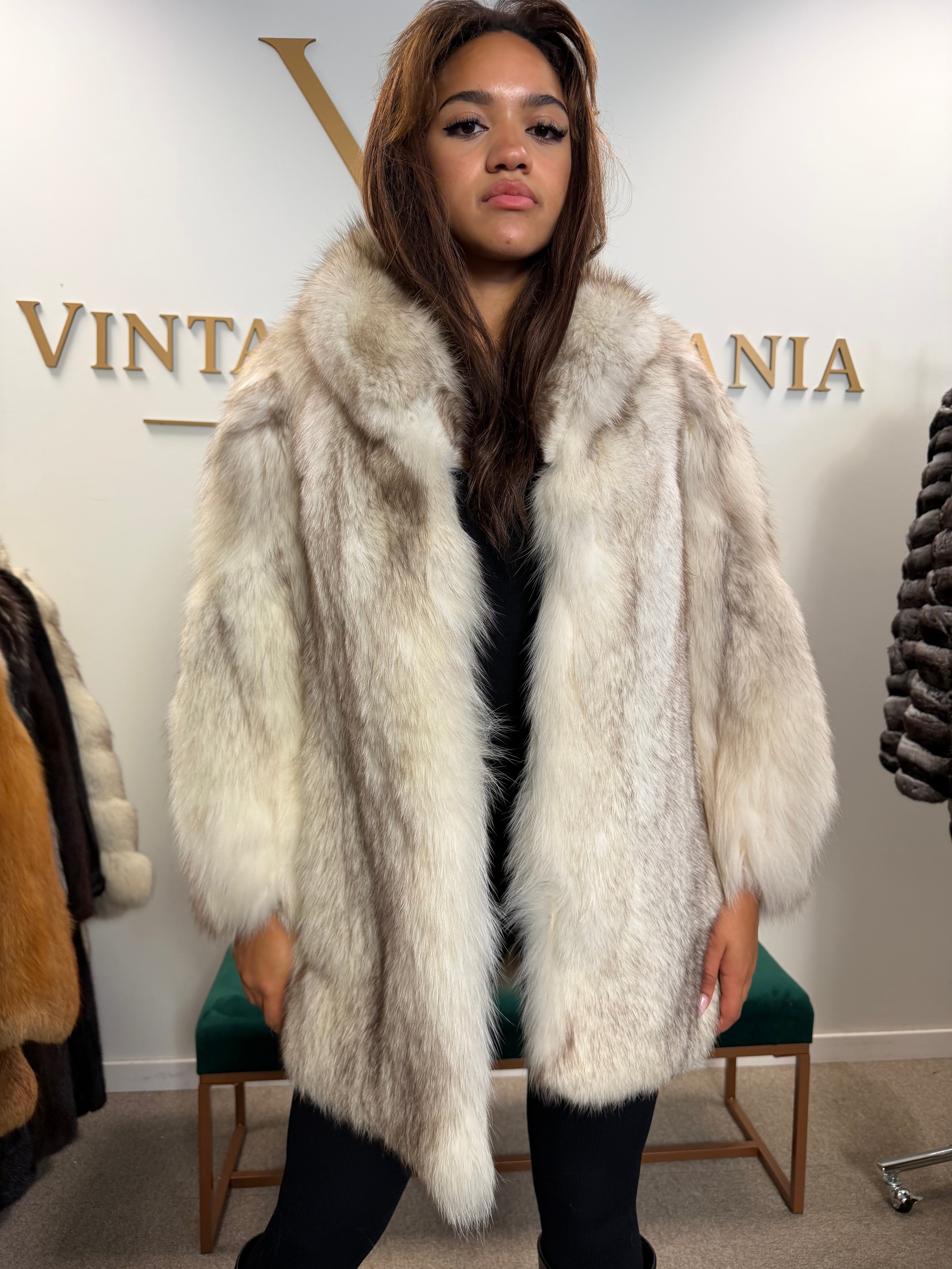 White Blue Fox Fur Coat, Soft, Small