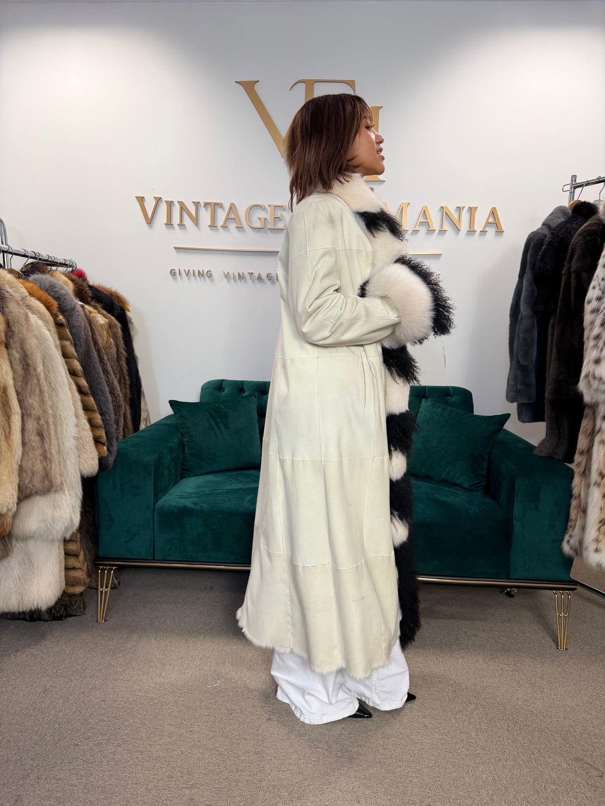 Shearling Sheepskin Coat with Fox & Shearling Collar, Medium, Full Length