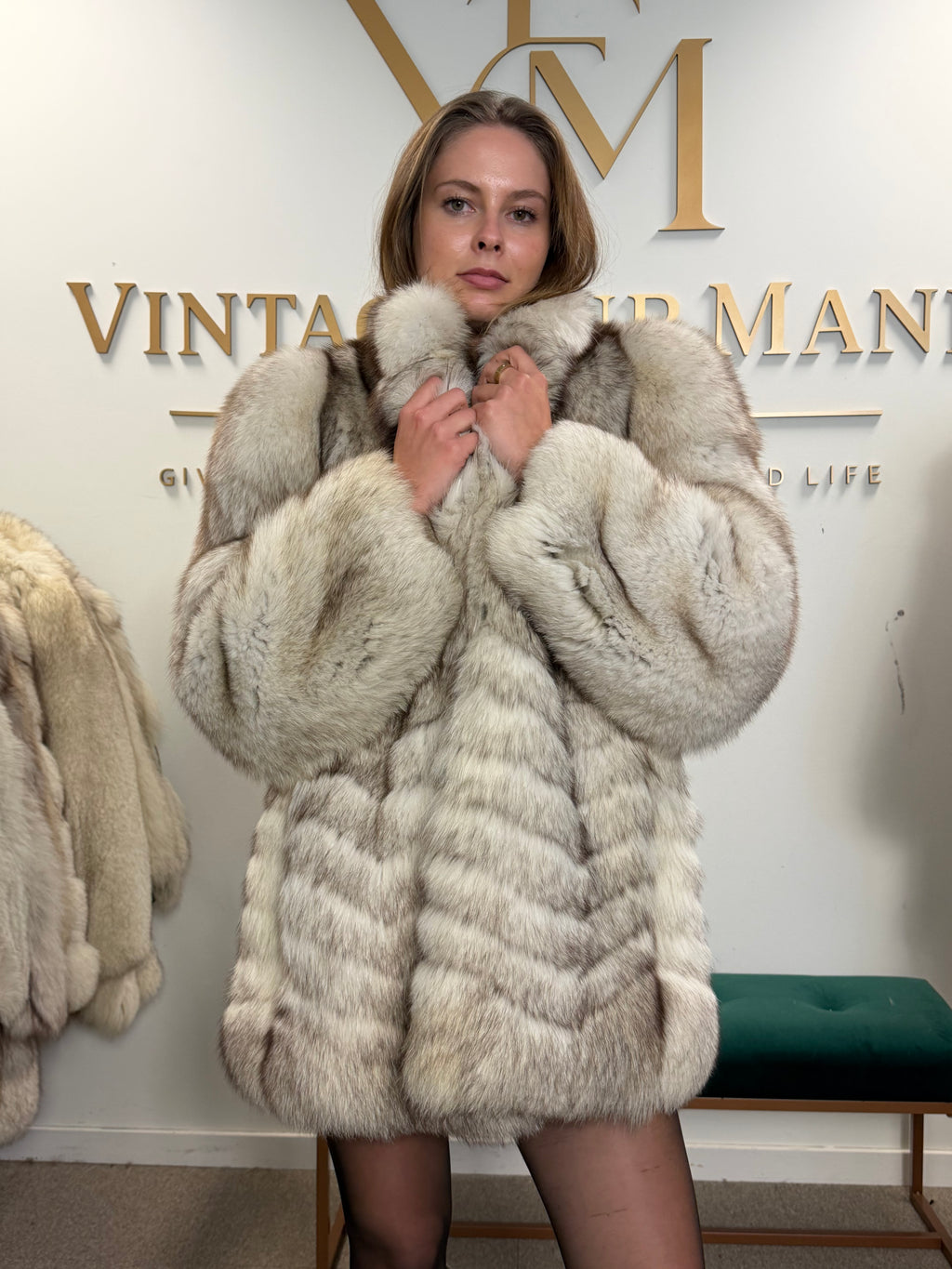 White Fox Fur Coat, Medium, Trimmed