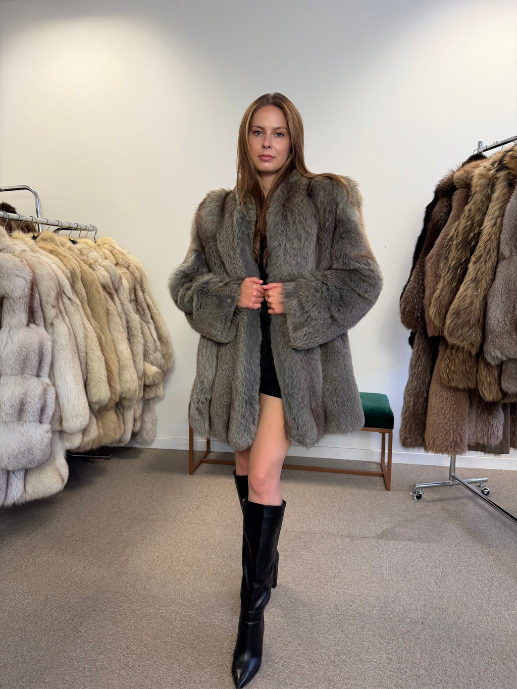 Blue Fox Fur Coat, Light Blue, Size M