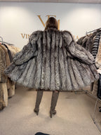Silver Fox Fur Coat, XL, Collarless, Rare Style