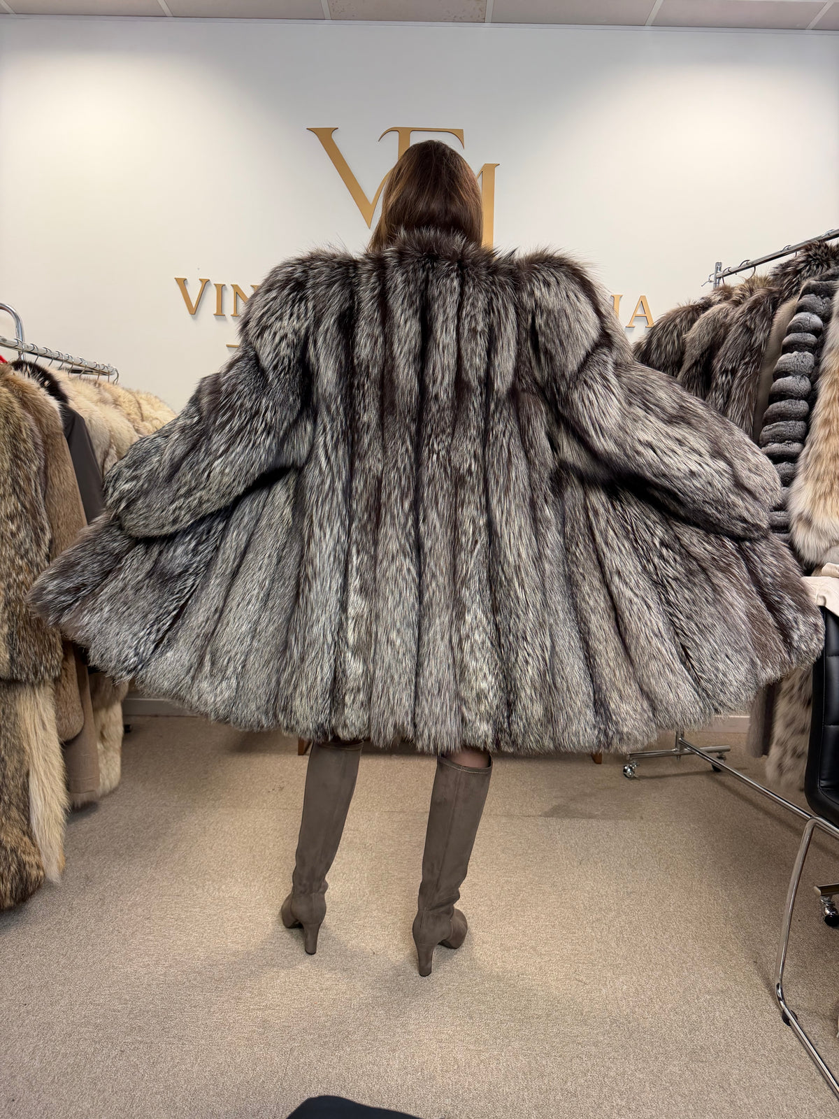Silver Fox Fur Coat, XL, Collarless, Rare Style