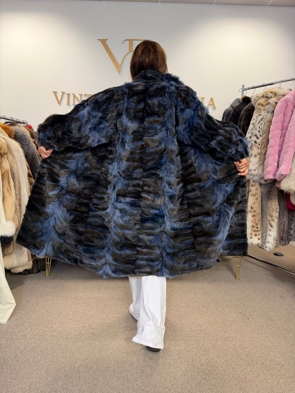 Blue & Black Dyed Fox Fur Coat, Large, Pieced