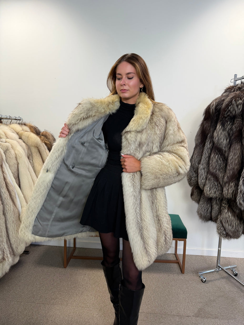 White Nordic Fox Fur Coat, Size M