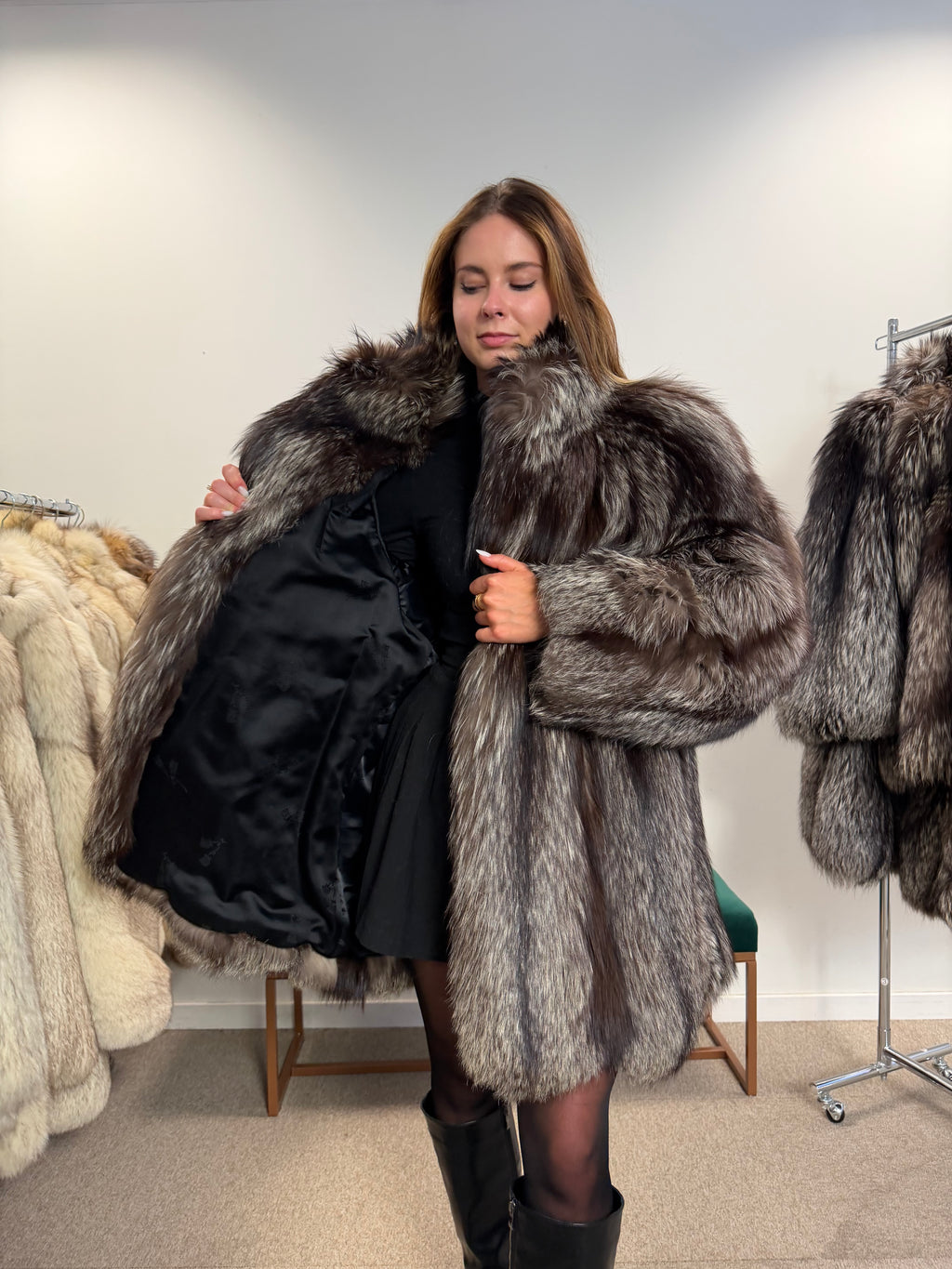 Silver Fox Real Fur Coat, Size L, Stand Up Collar