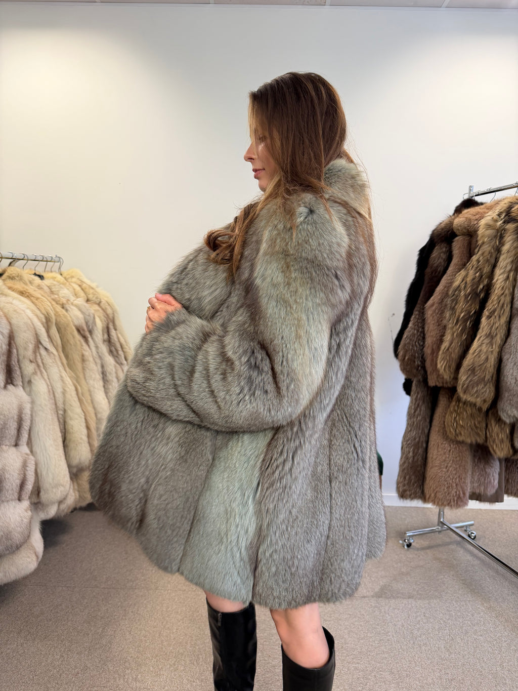 Blue Fox Fur Coat, Light Blue, Size M