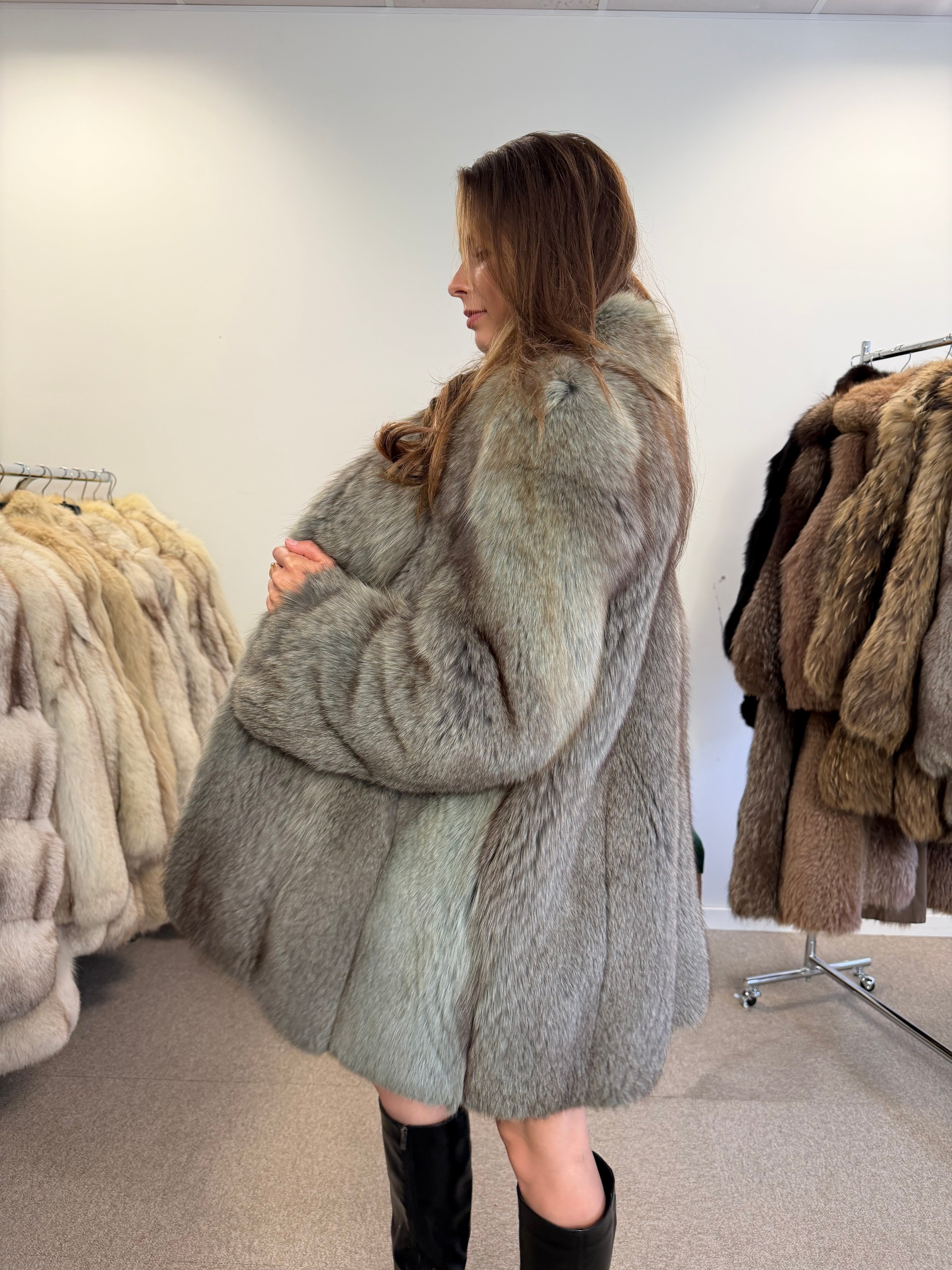 Blue Fox Fur Coat, Light Blue, Size M