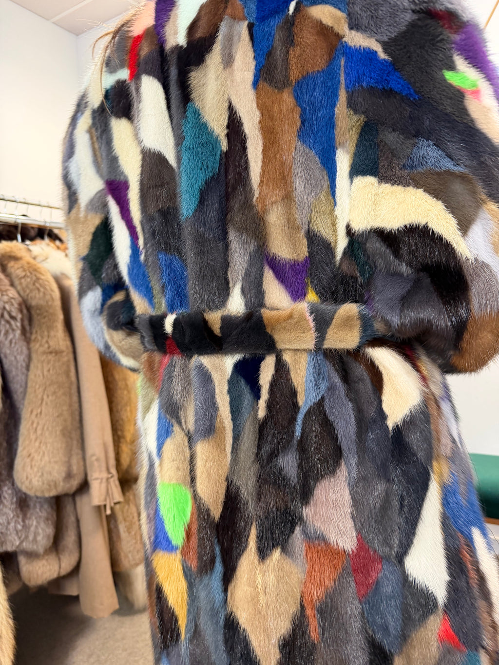 Mixed Colour Dyed Mink Fur Coat, XL, Full Length, Belted
