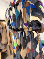 Mixed Colour Dyed Mink Fur Coat, XL, Full Length, Belted