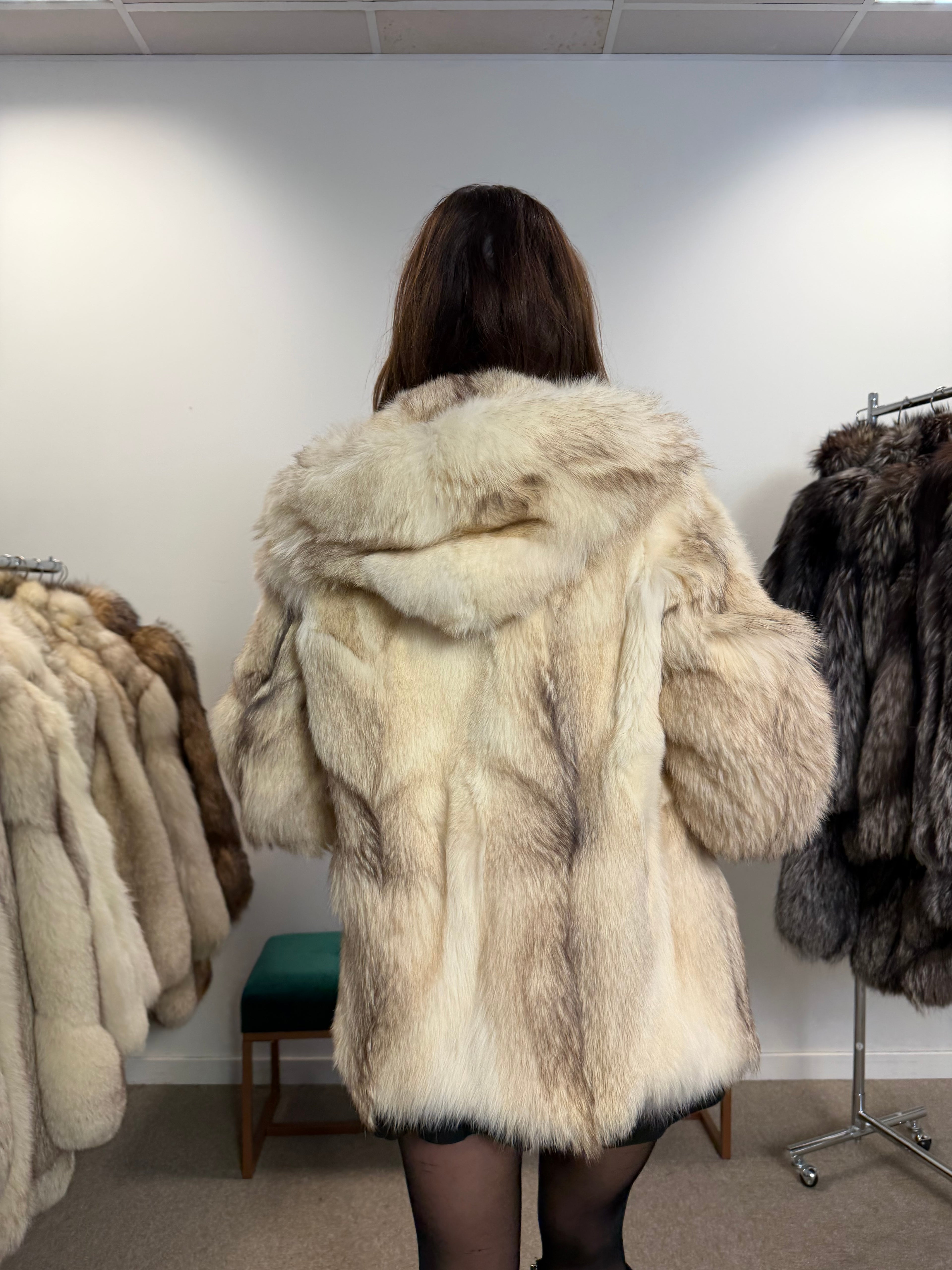 White Fox Fur Jacket, Hooded, Size M