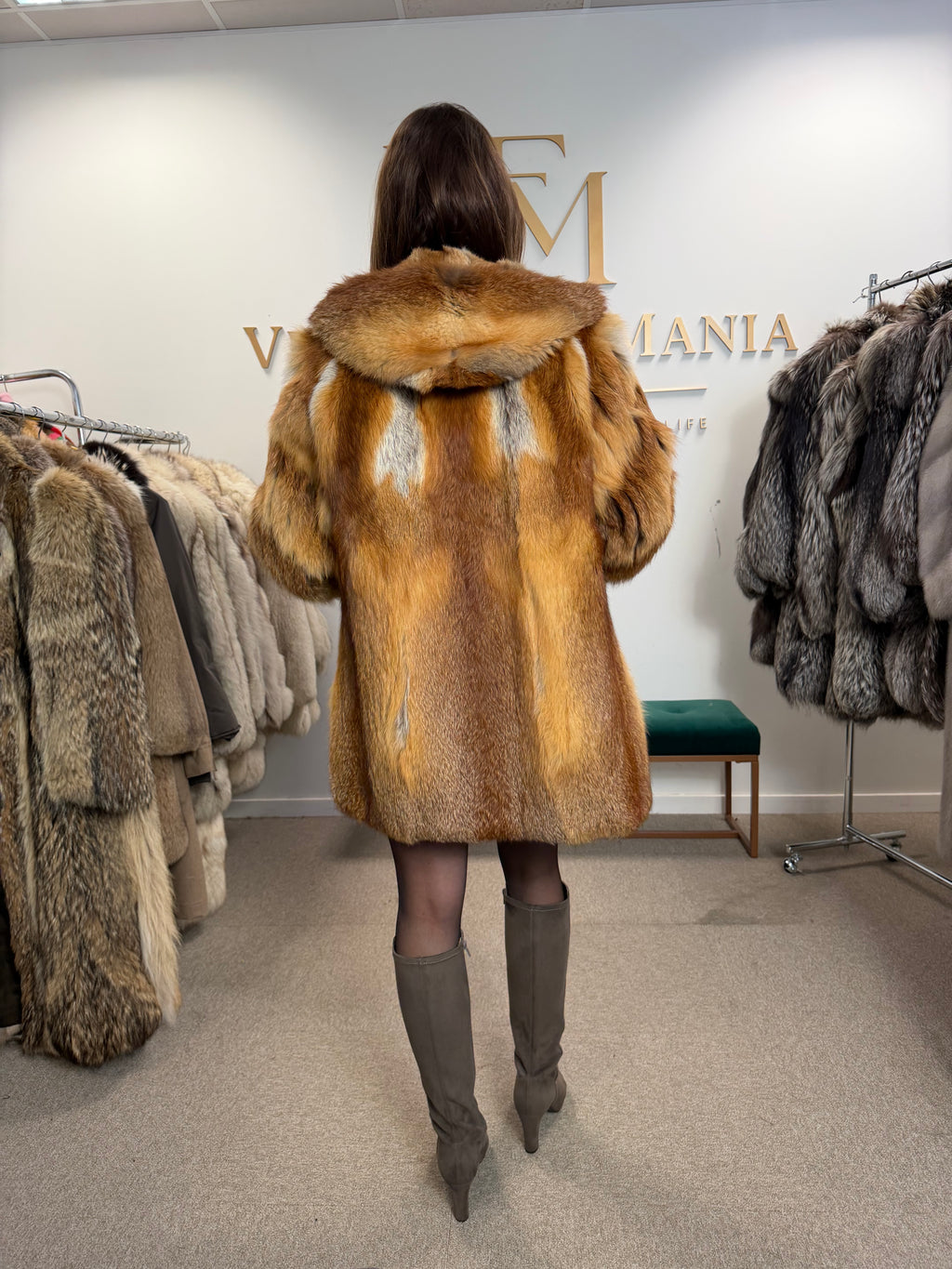 Red Fox Fur Coat, Large, Hooded
