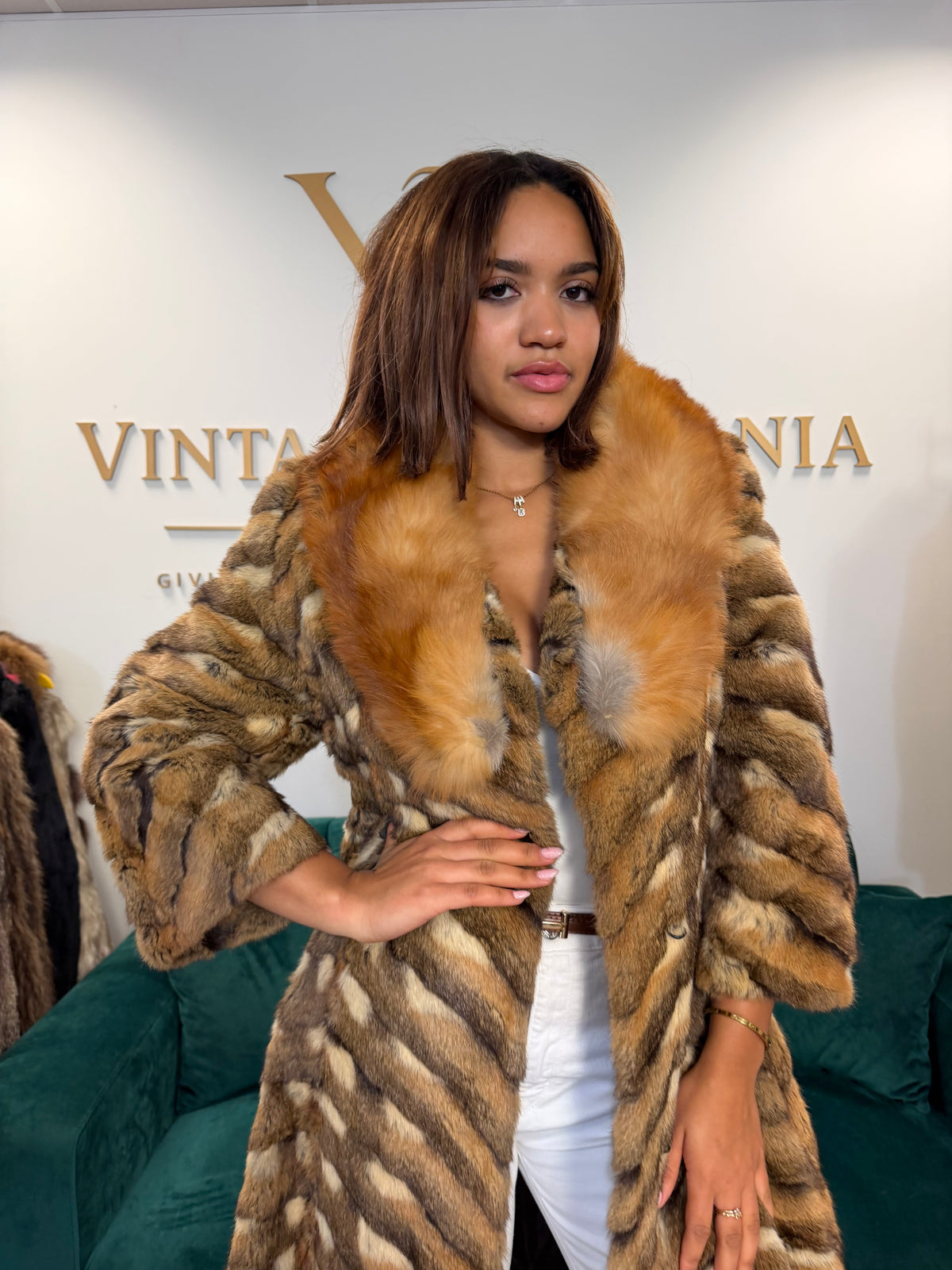 Hamster Fur Coat with Red Fox Collar, Medium, Rare Luxury