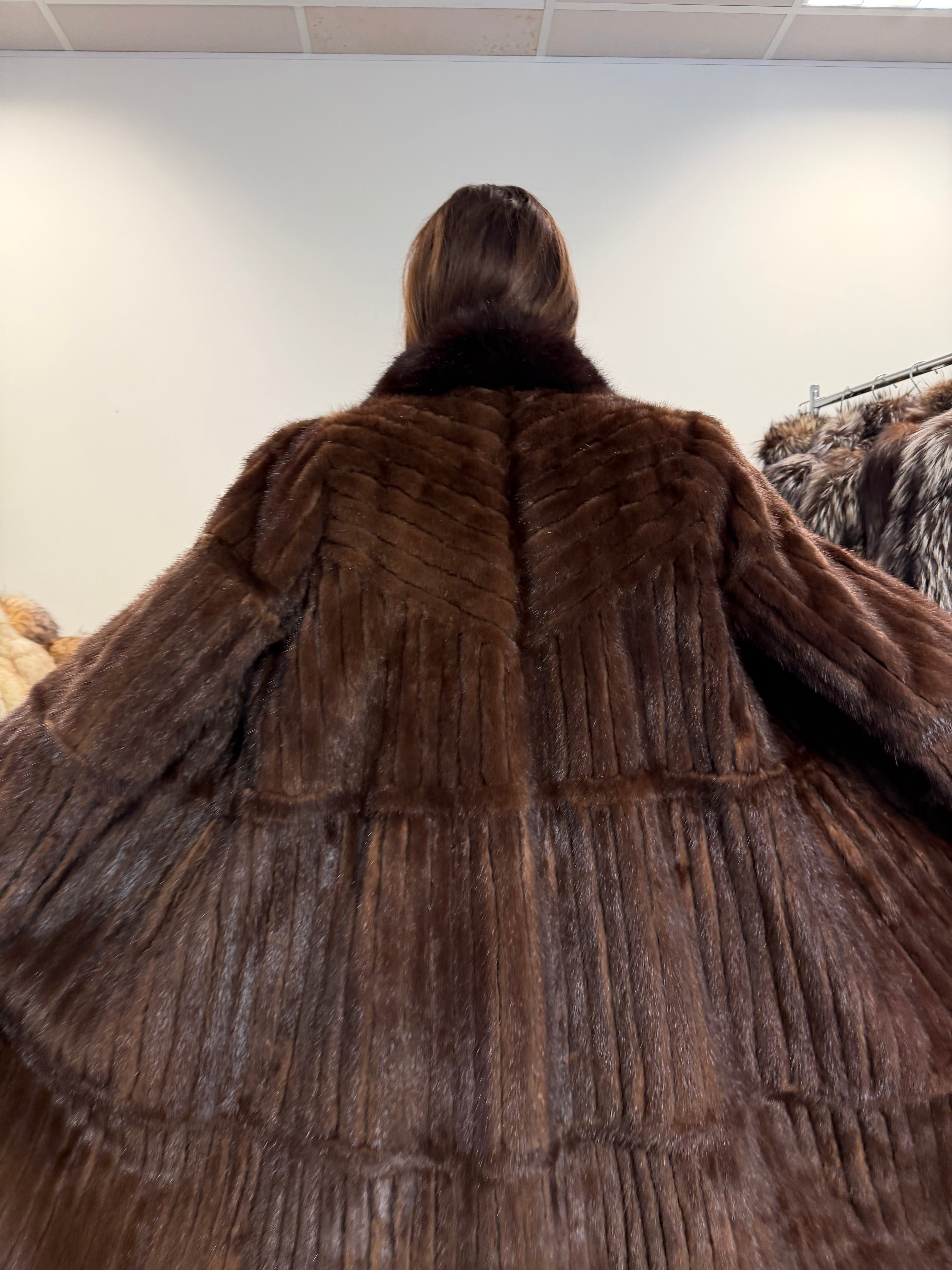 Brown Mink Fur Coat, Fox Collar, Size M