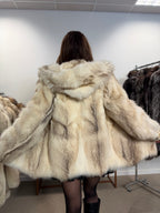 Fox Fur Jacket, White, Hooded, Size M