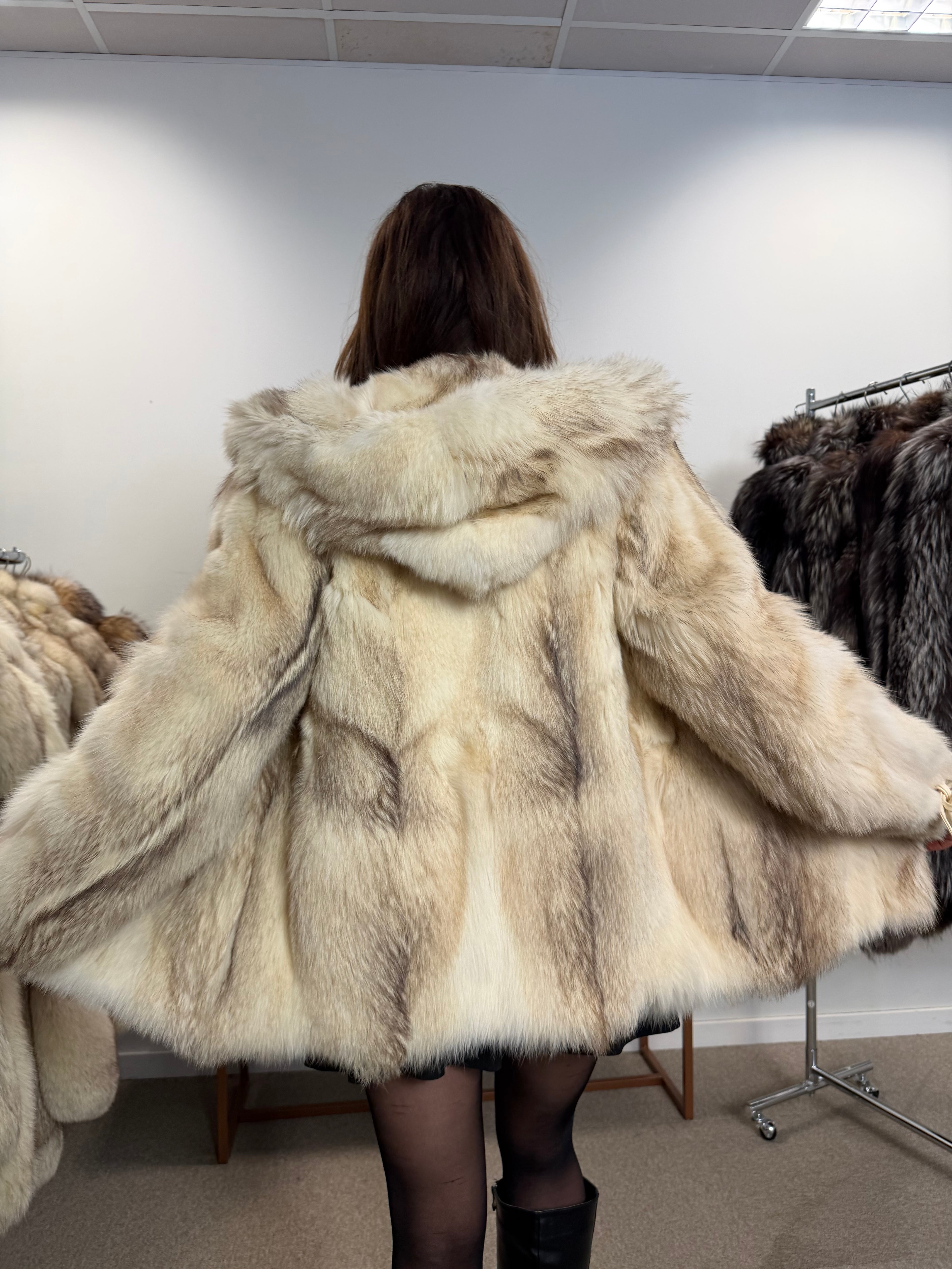 White Fox Fur Jacket, Hooded, Size M