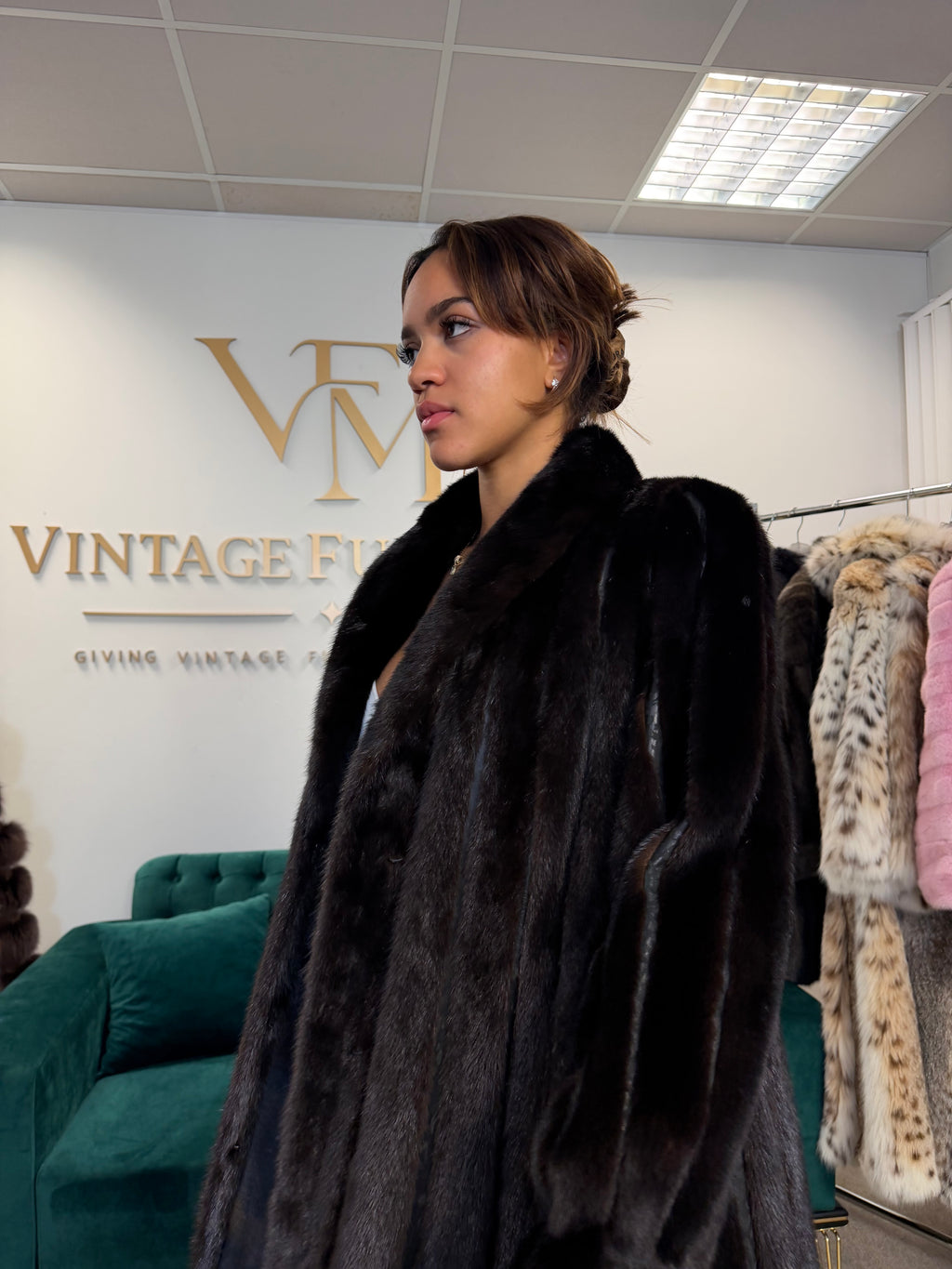 Dark Mink Fur Coat, Large, Swinger, Leather, Designer