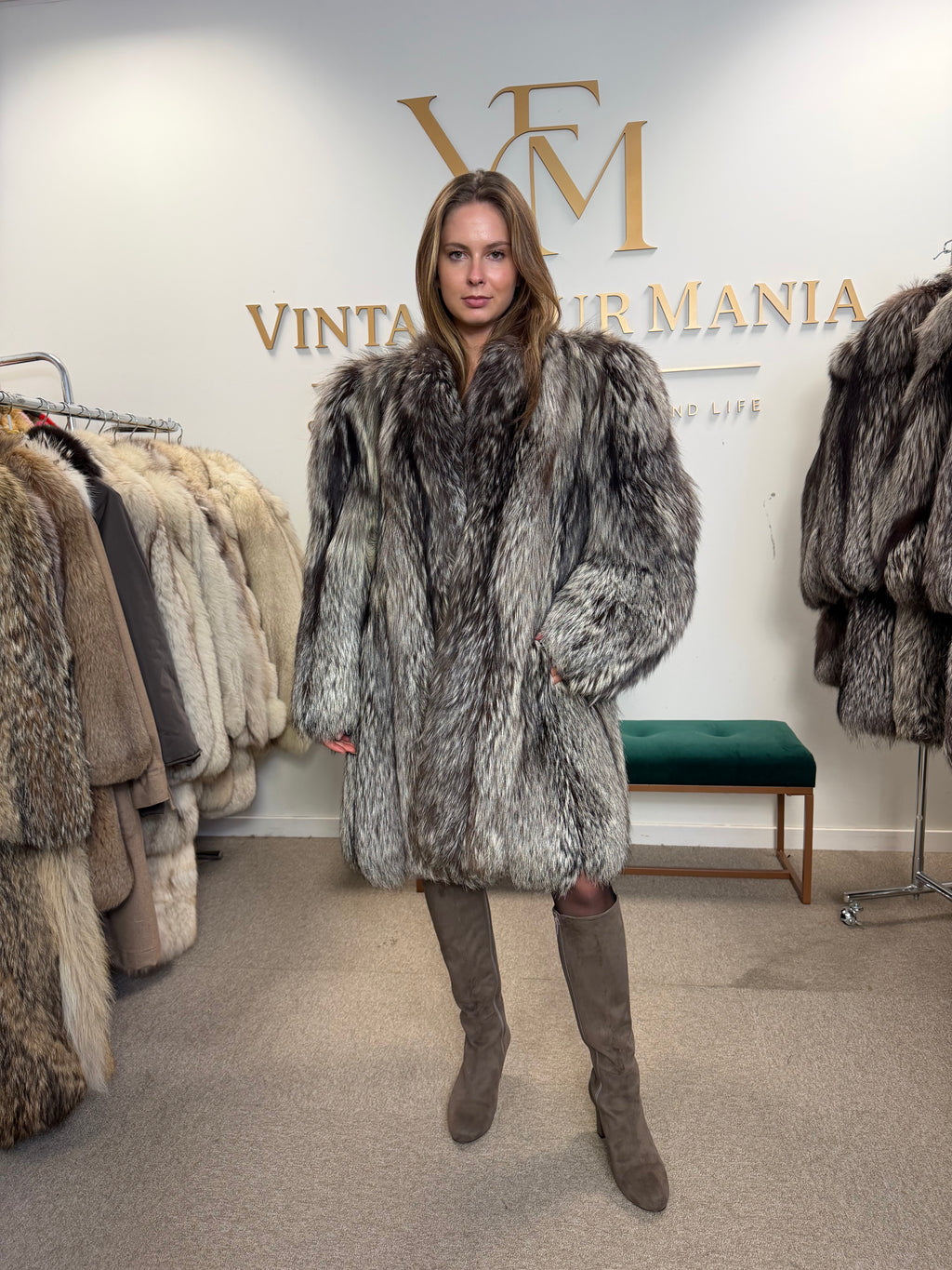 Silver Fox Fur Coat, XL, Collarless, Rare Style