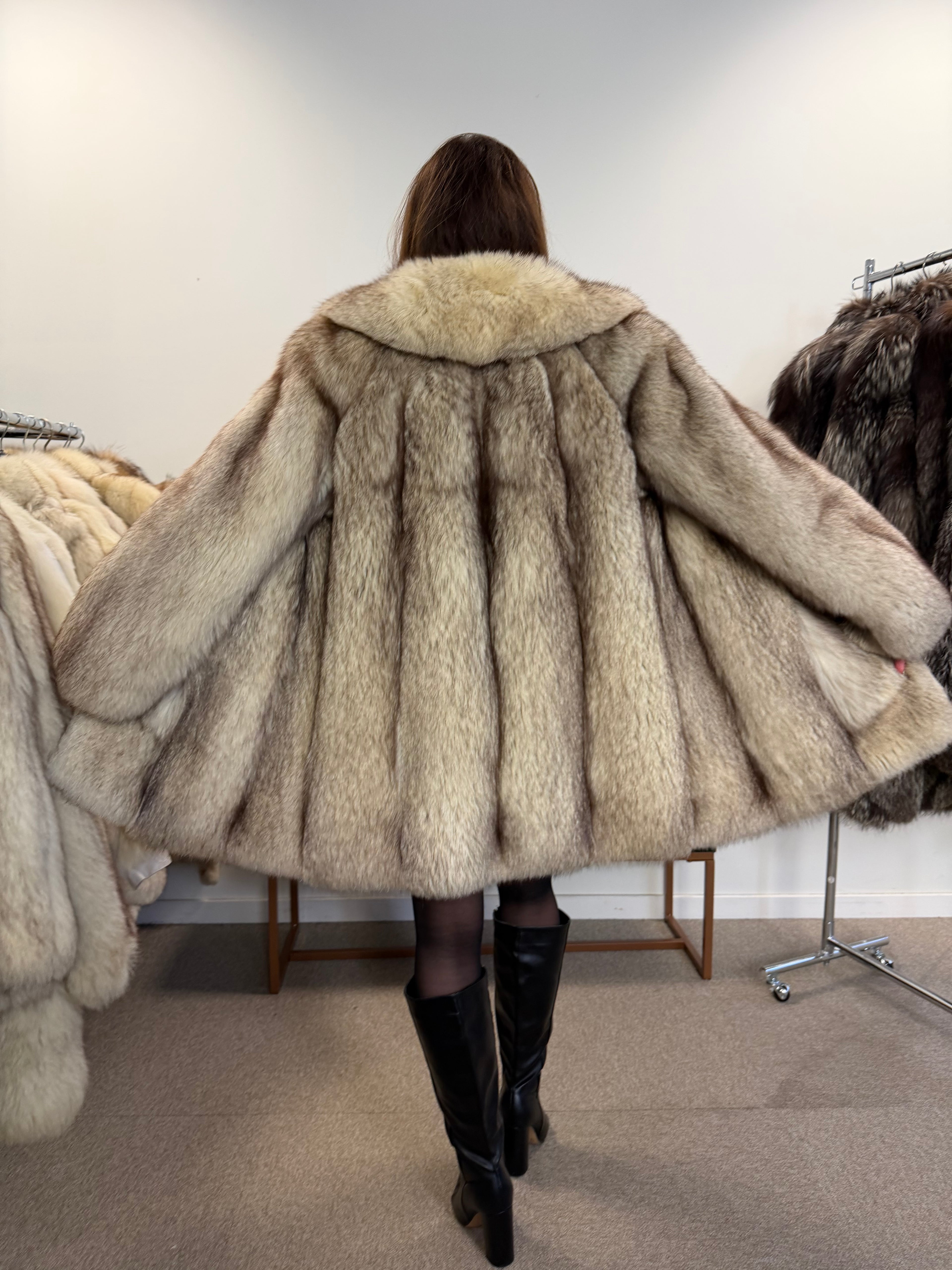White Blue Fox Fur Coat, Size M