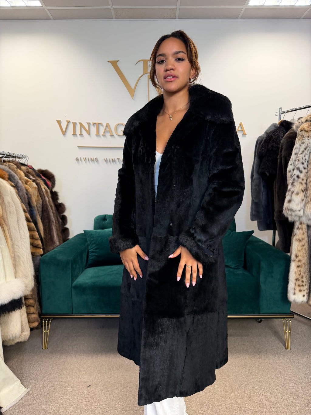 Black Sheared Rabbit Fur Coat, Small, Full Length