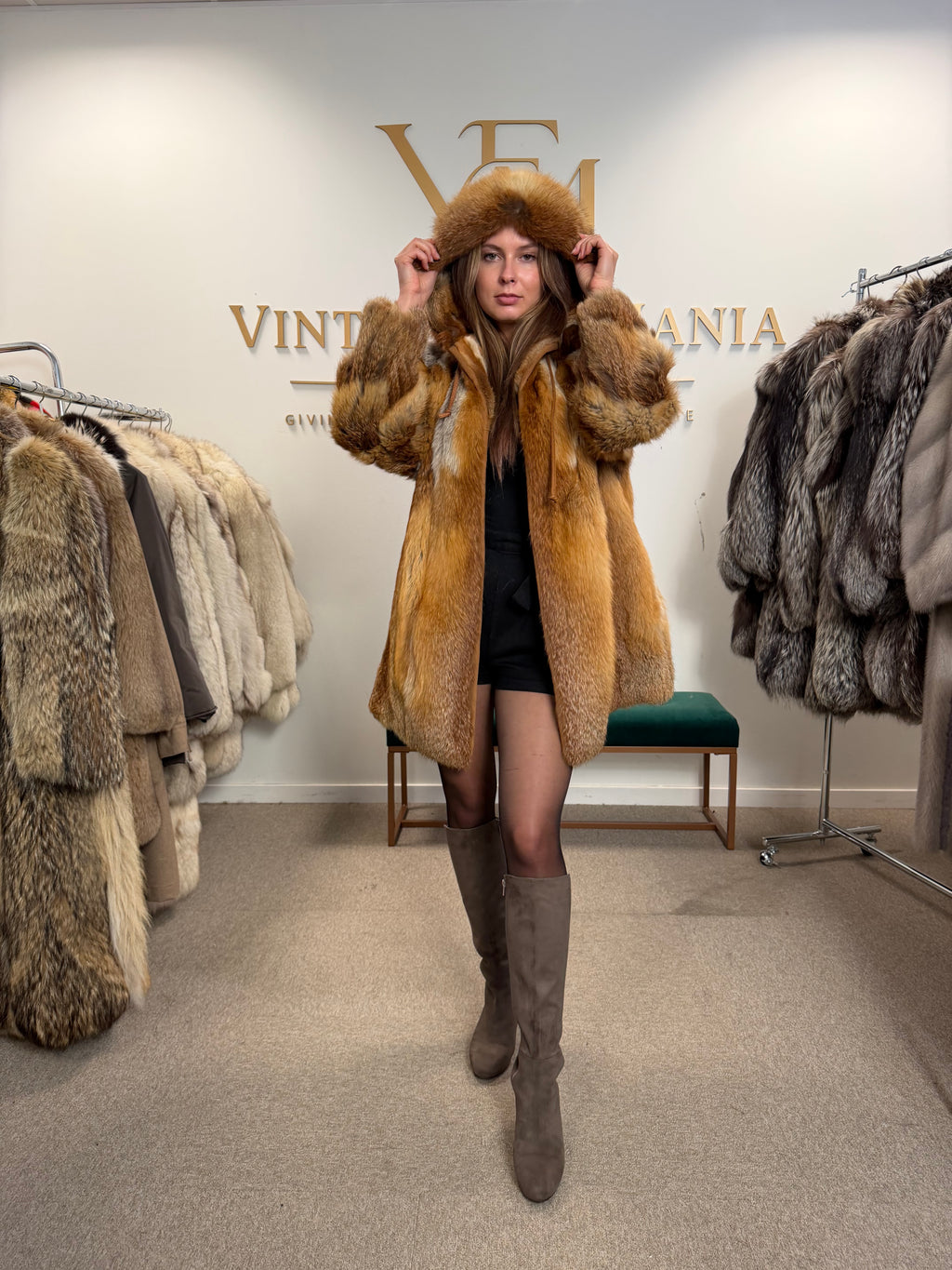 Red Fox Fur Coat, Large, Hooded