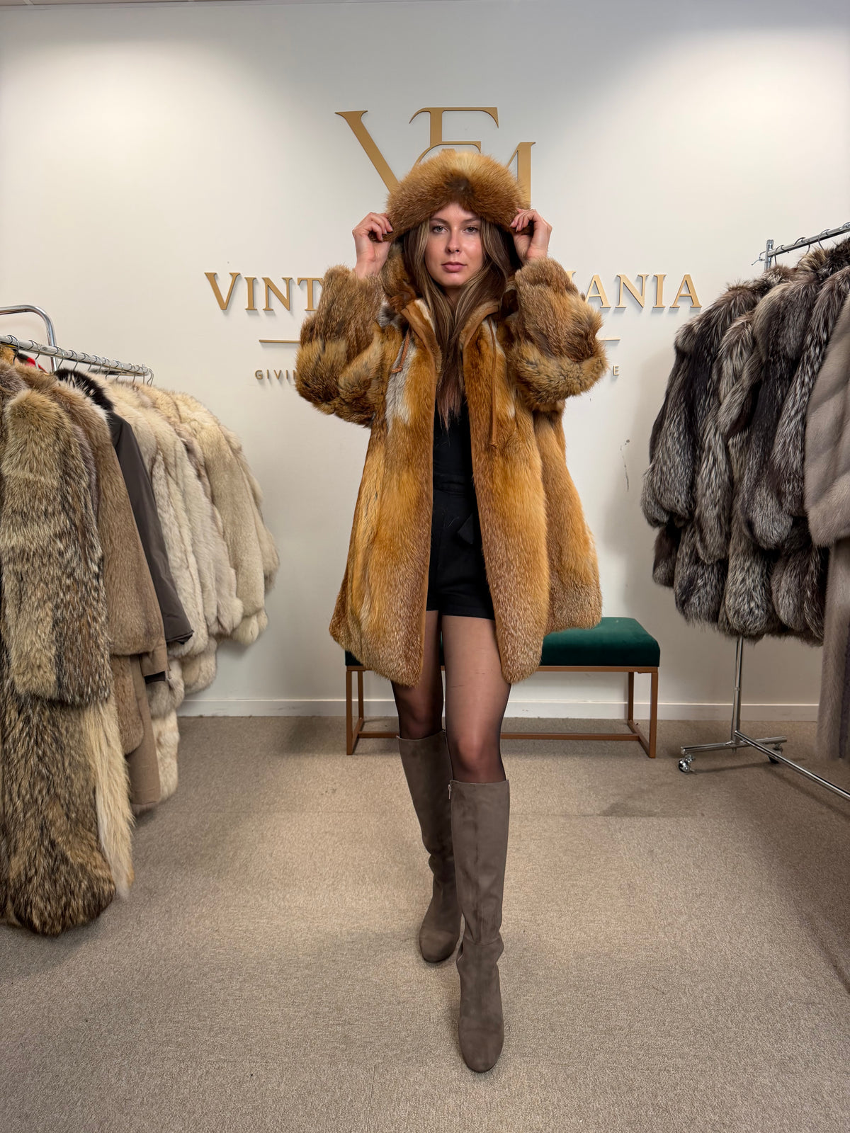 Red Fox Fur Coat, Large, Hooded