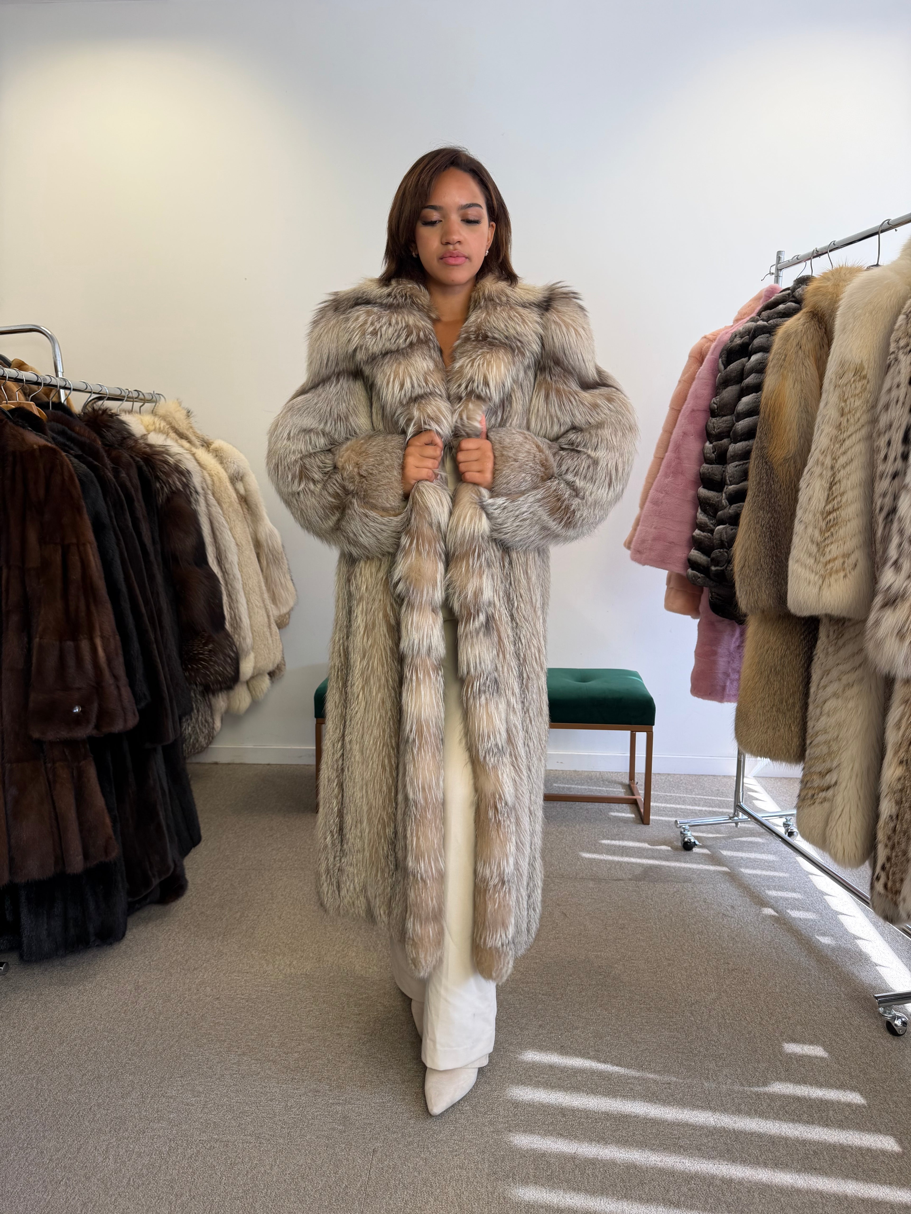 Silver Fox Fur Coat, Full Length, Size L