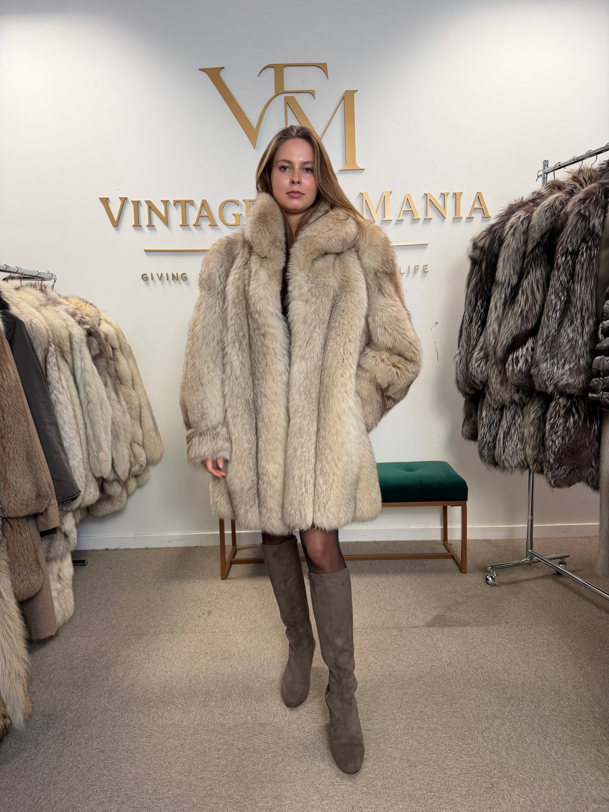 White Fox Fur Coat, Large, Brown Lining