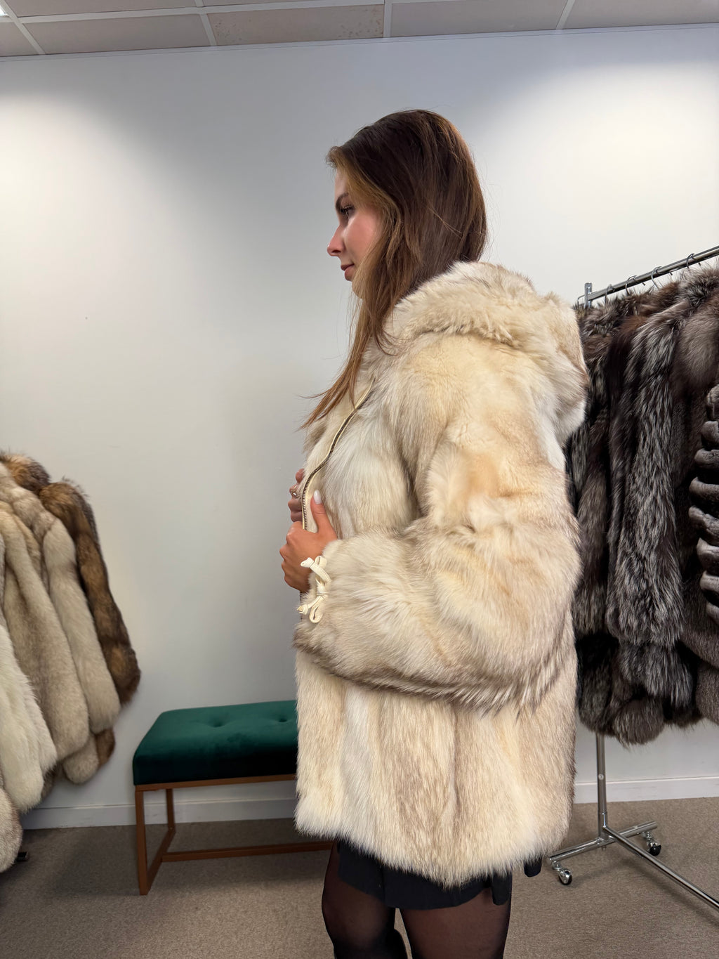 White Fox Fur Jacket, Hooded, Size M