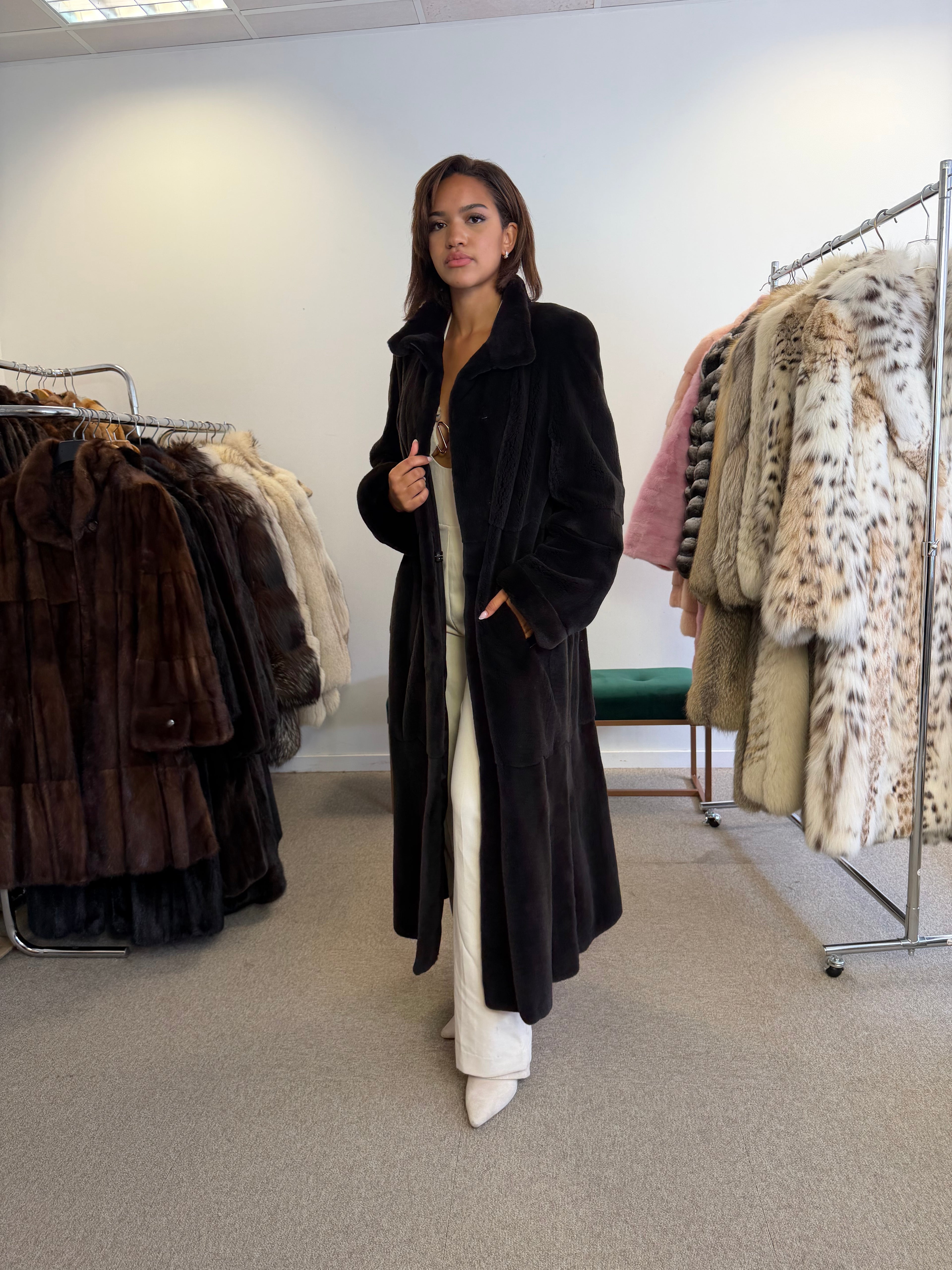 New Mink Fur Coat, Dark Sapphire Sheared, Size L
