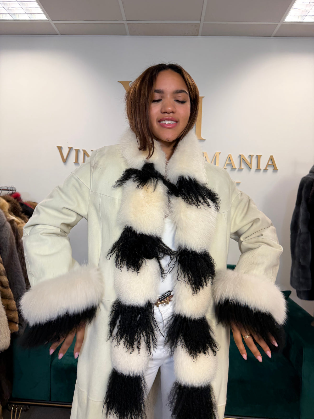 Shearling Sheepskin Coat with Fox & Shearling Collar, Medium, Full Length