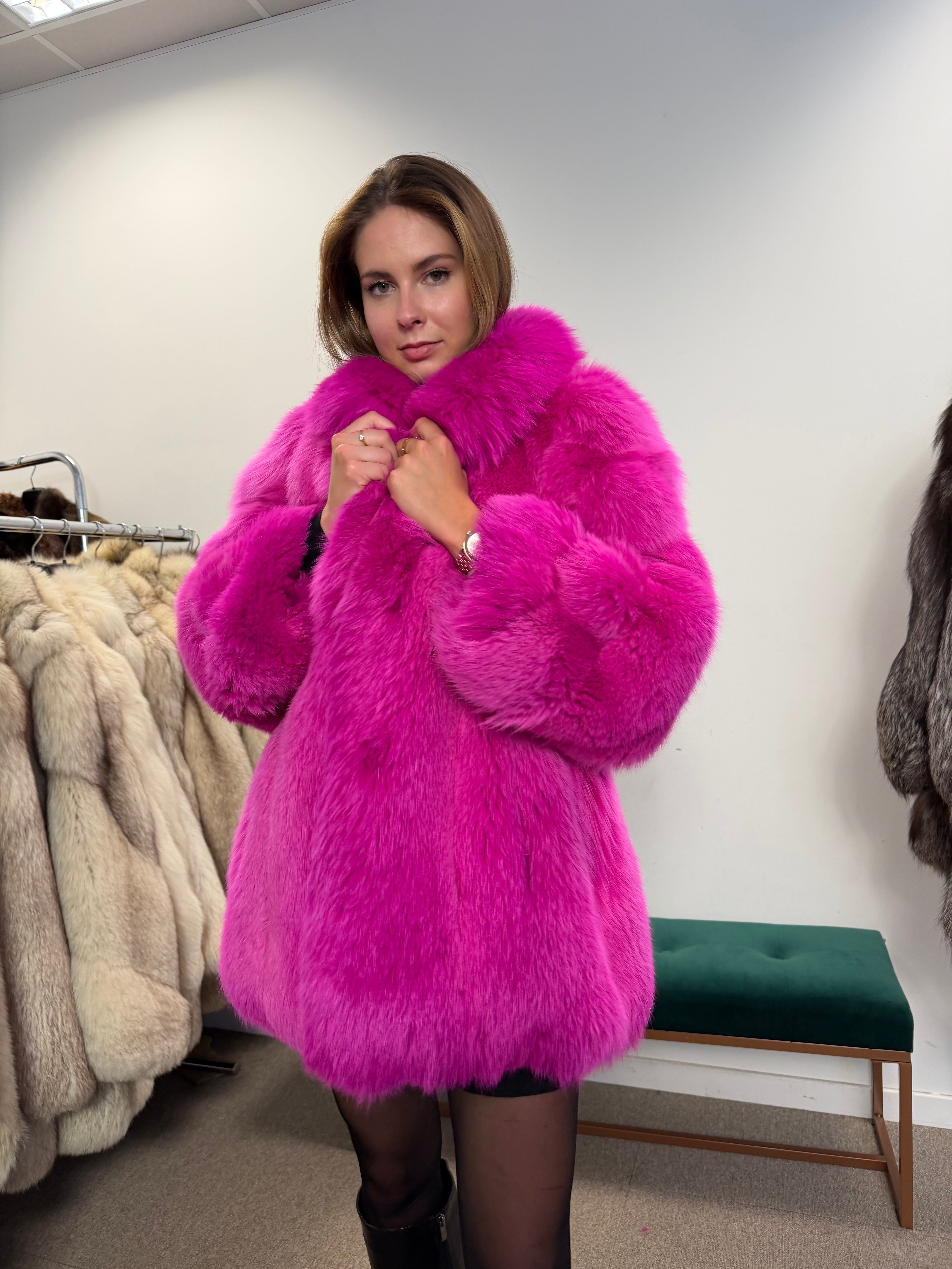 Pink dyed arctic fox fur coat - Small size