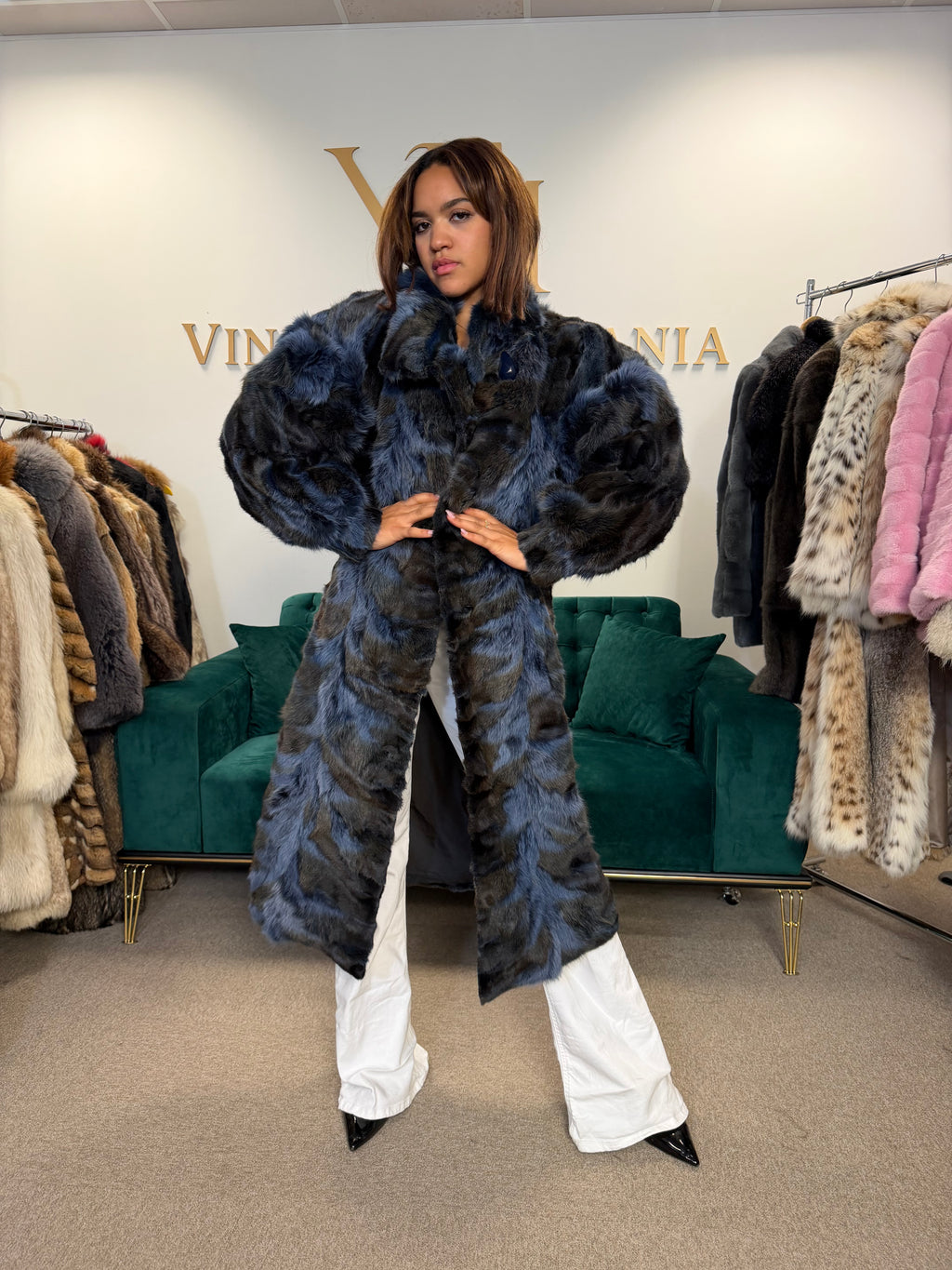 Blue & Black Dyed Fox Fur Coat, Large, Pieced
