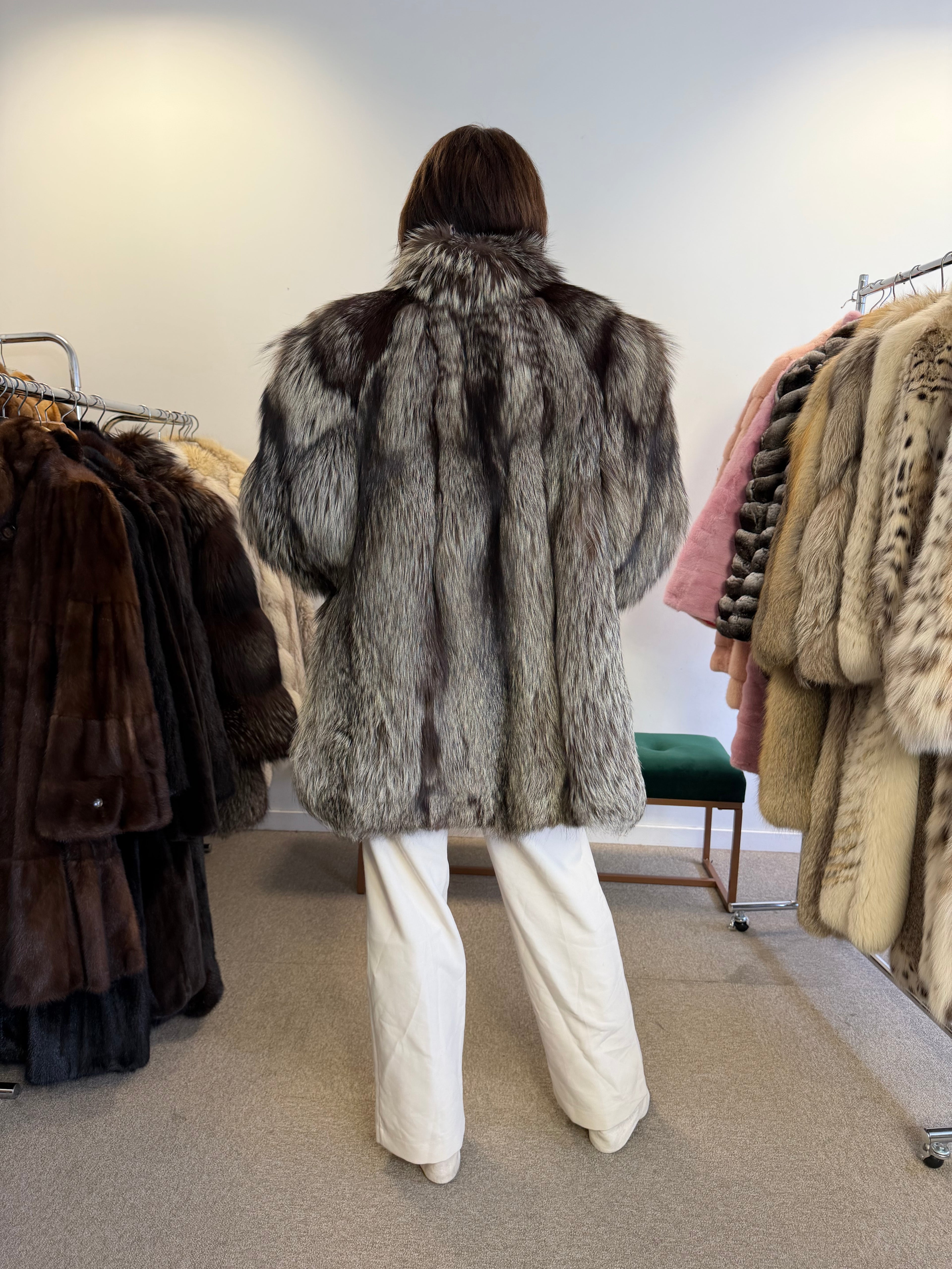 Silver Fox Fur Coat, Bright, Size L
