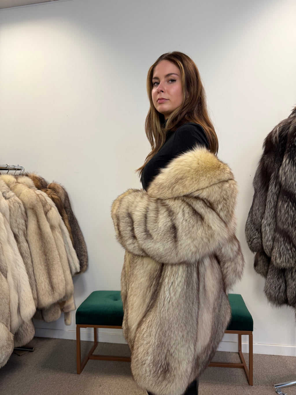 White Nordic Fox Real Fur Coat, Size L