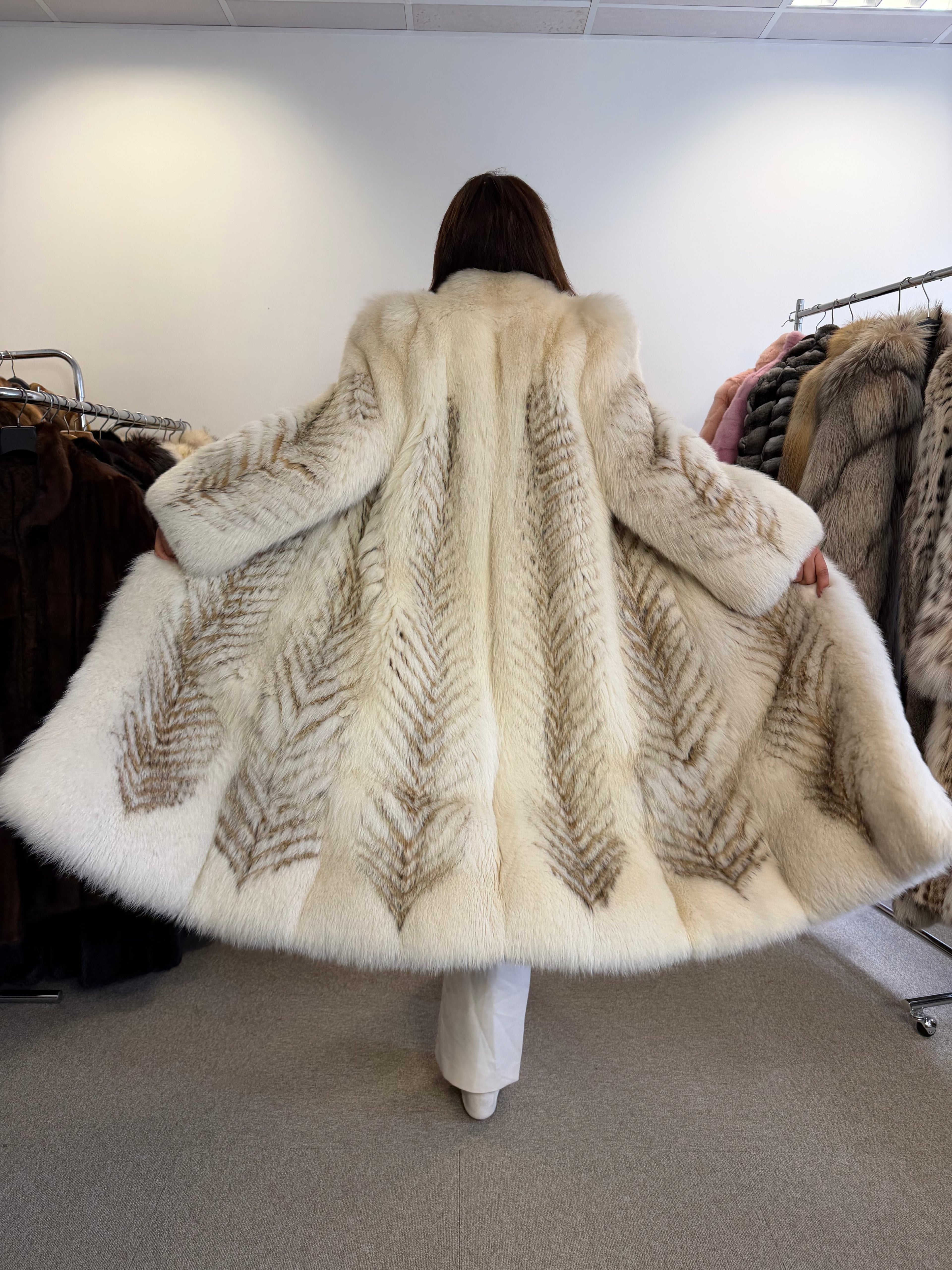 Fox Fur Coat, White with Finn Raccoon, Size M