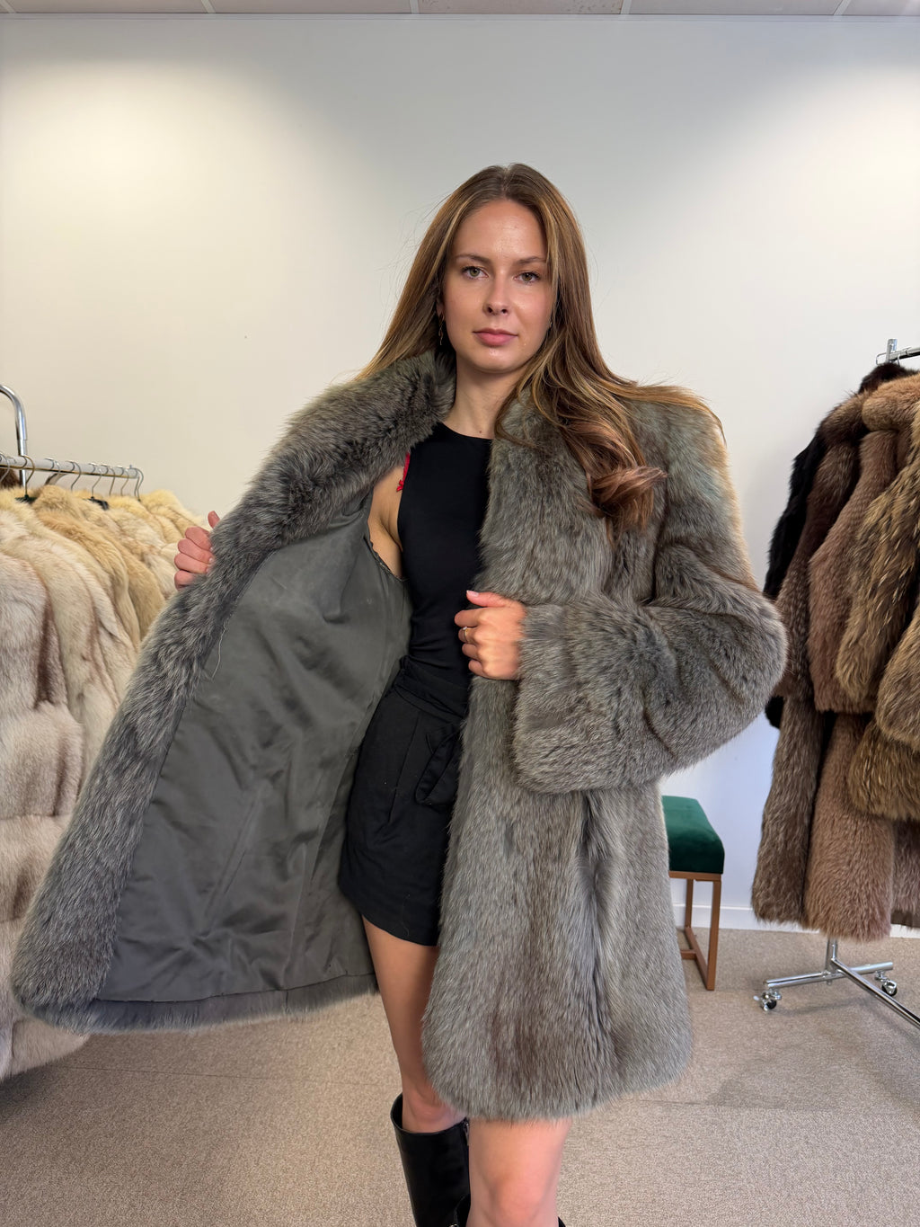 Blue Fox Fur Coat, Light Blue, Size M