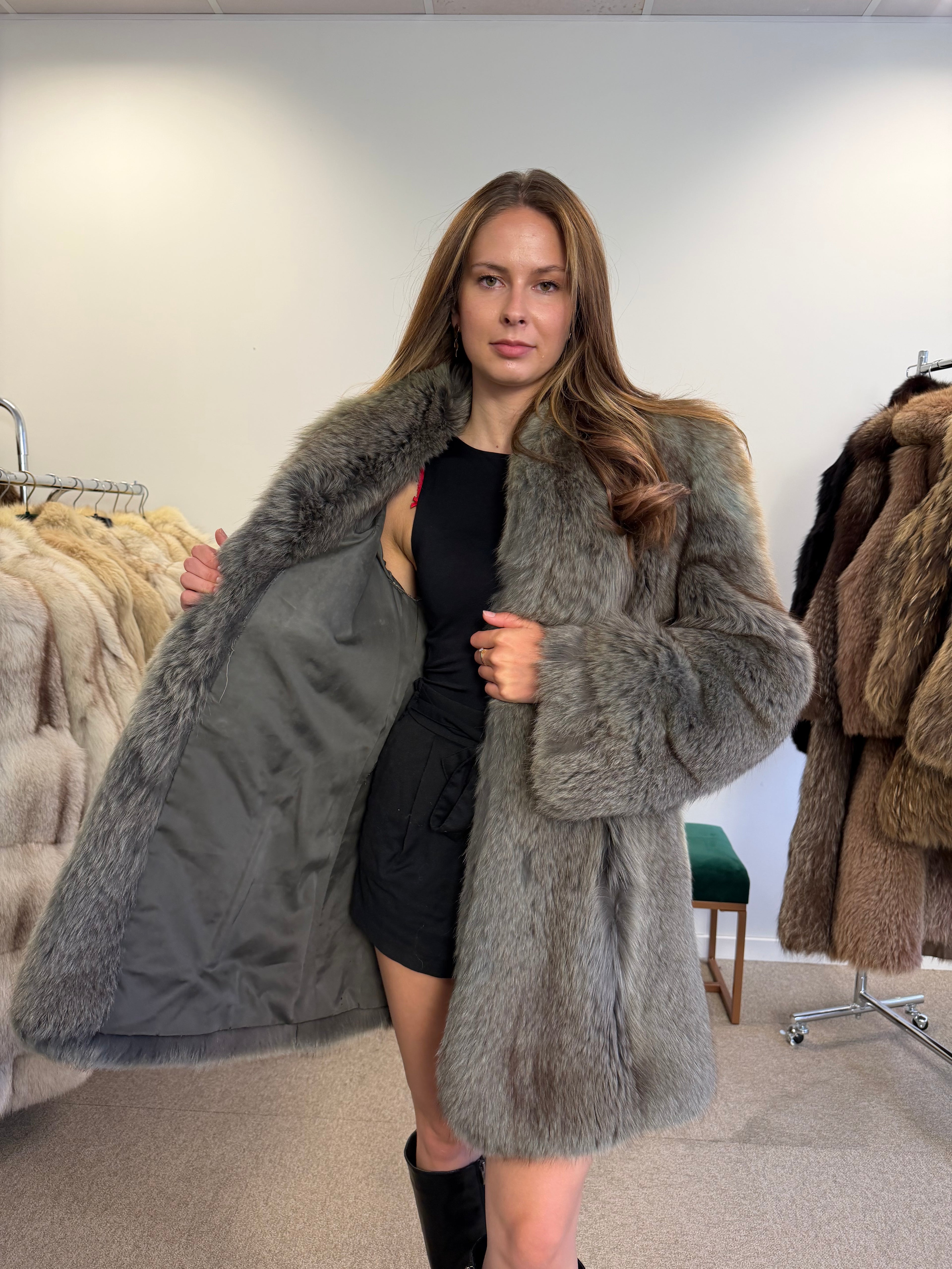 Blue Fox Fur Coat, Light Blue, Size M